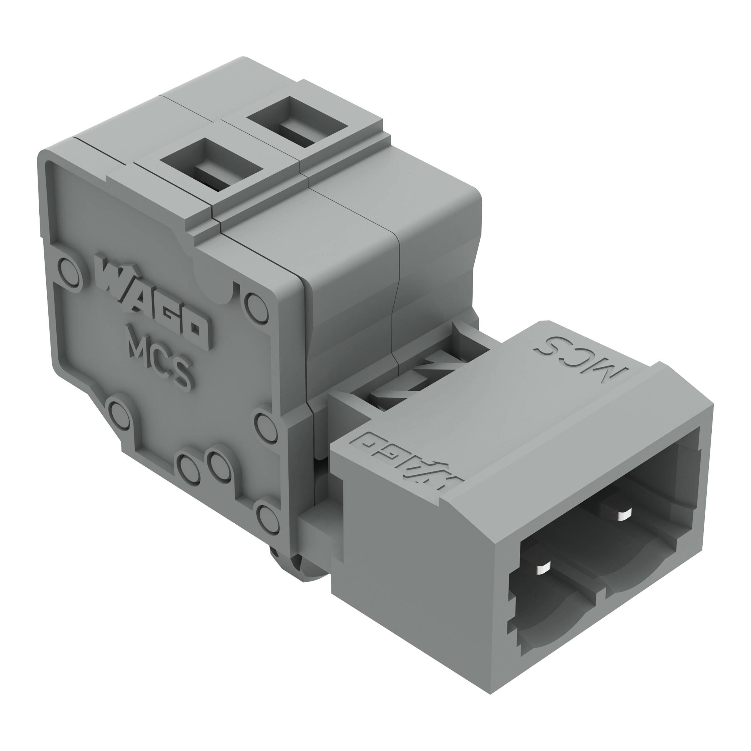 Ein graues Elektrikerterminalblock mit sechs Anschlüssen und internen Metallverbindungen, gekennzeichnet mit „WAGO 232 250V-6A