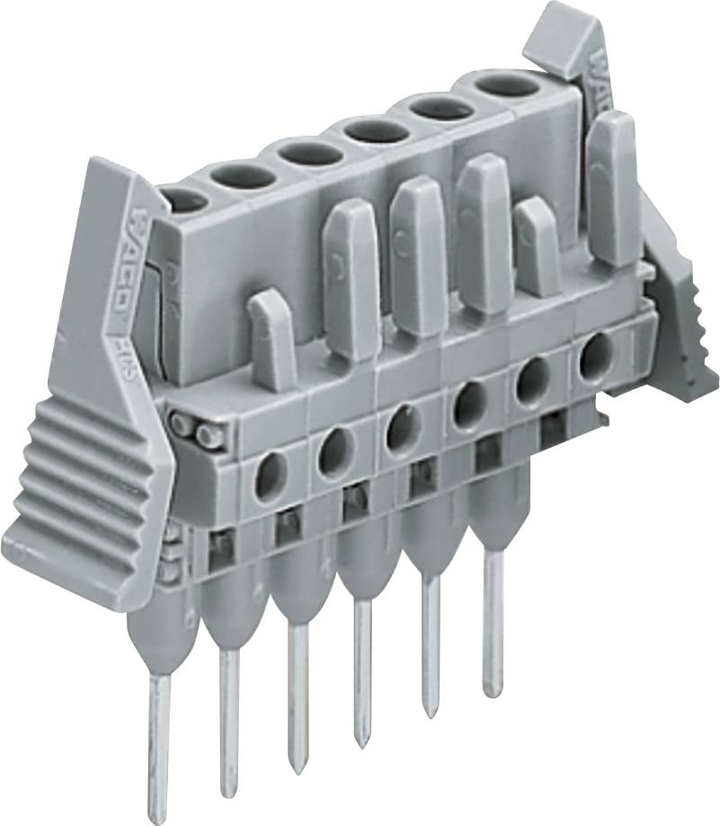 Un connecteur électrique gris avec plusieurs broches, utilisé pour les connexions de circuits, doté de leviers latéraux pour le verrouillage et l'engagement.
