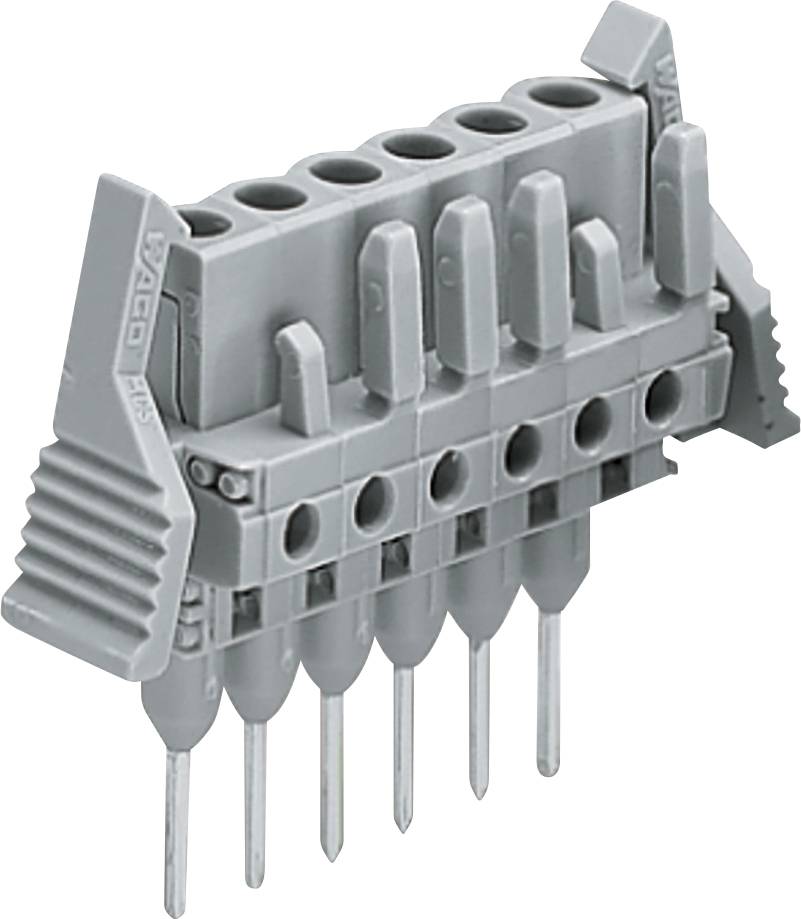 En-tête WAGO série 254 avec sept broches en ligne ; conception verticale ; utilisé pour les connexions de carte de circuit imprimé ; de couleur gris.