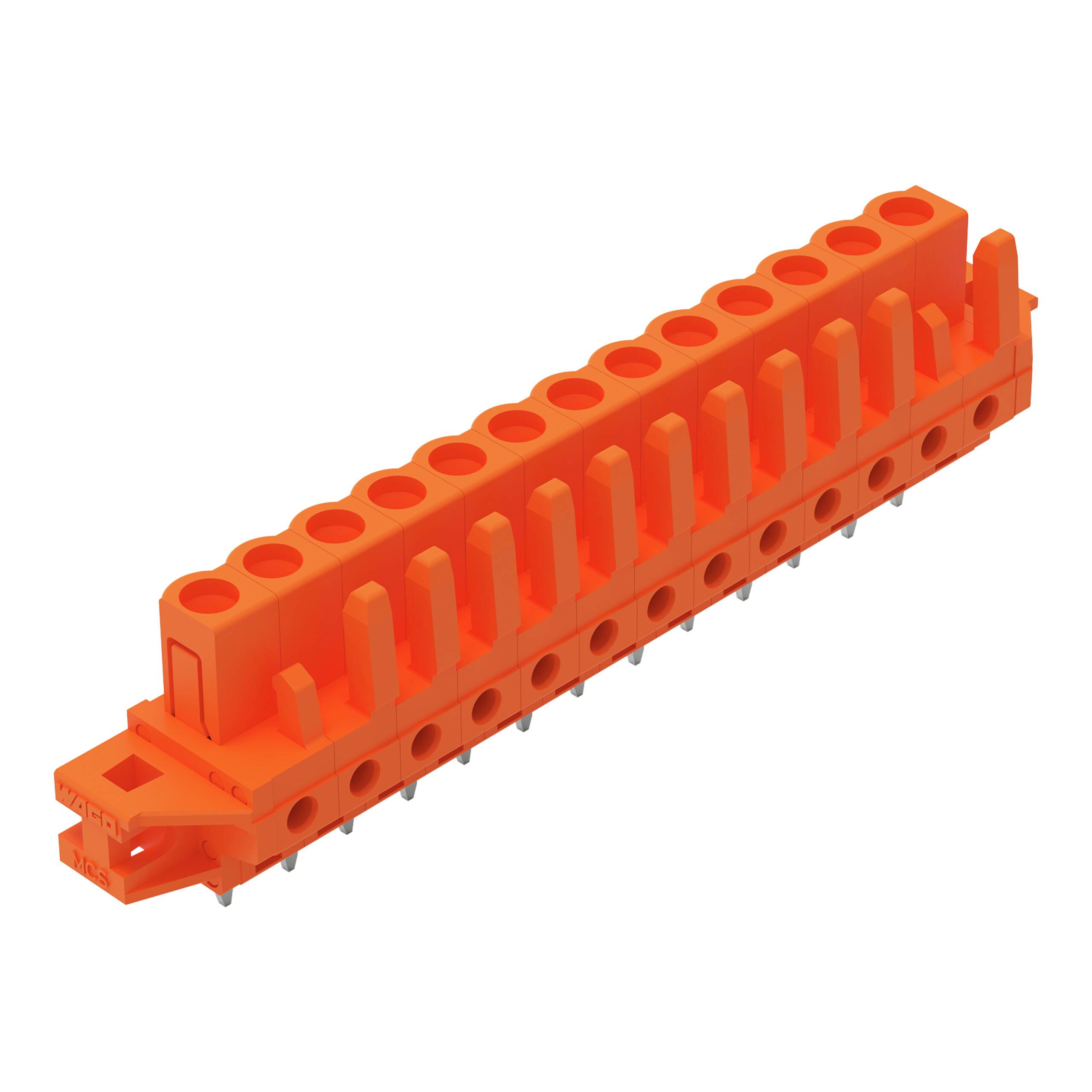 Ein orangefarbenes elektronisches Klemmenbrett mit mehreren Anschlussöffnungen zum Befestigen und Organisieren von elektrischen Leitungen in Schaltkreisen.