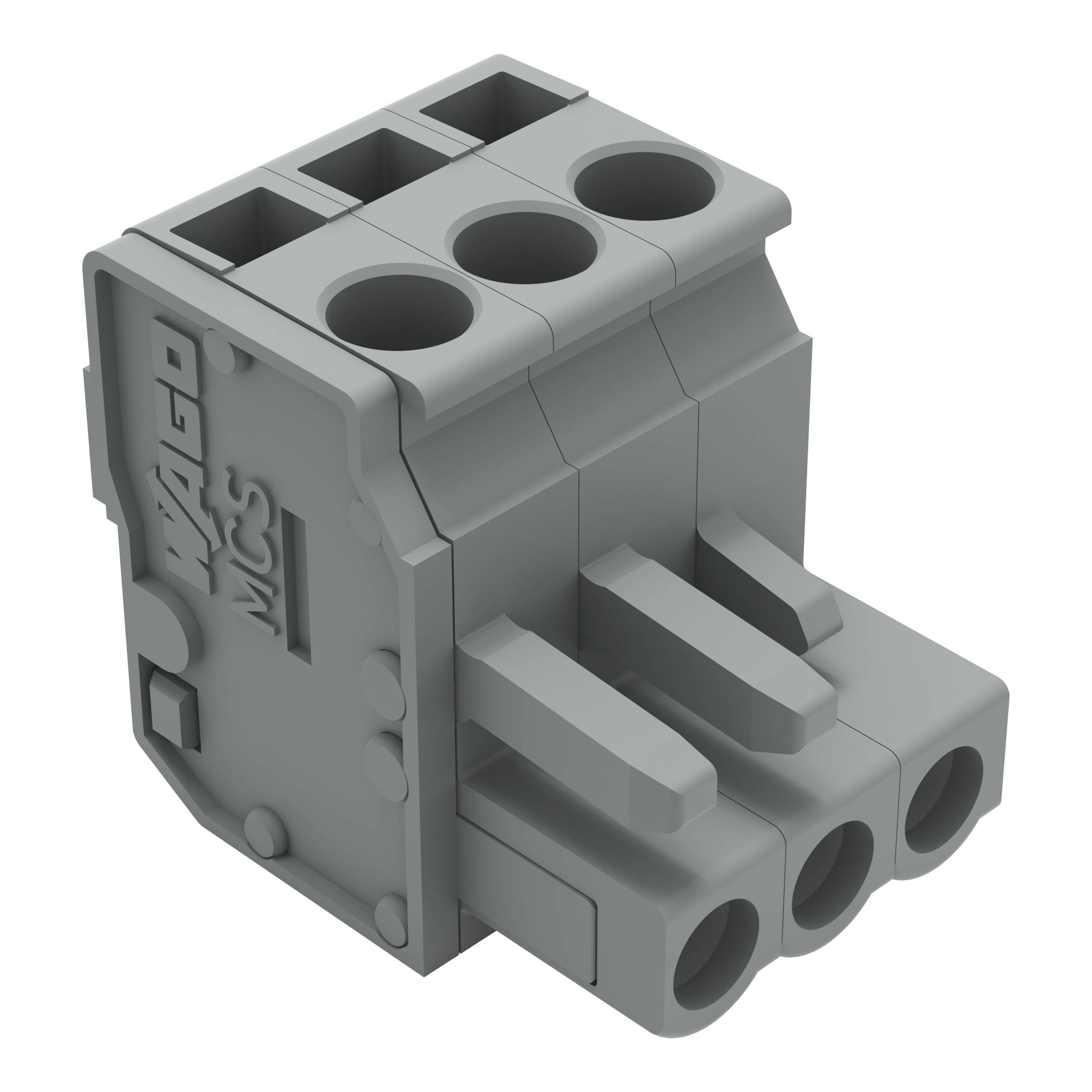 Ein grauer dreipoliger Elektrostecker mit seitlicher Markierung. Wird zum Verbinden von Drähten in elektrischen Installationen verwendet.
