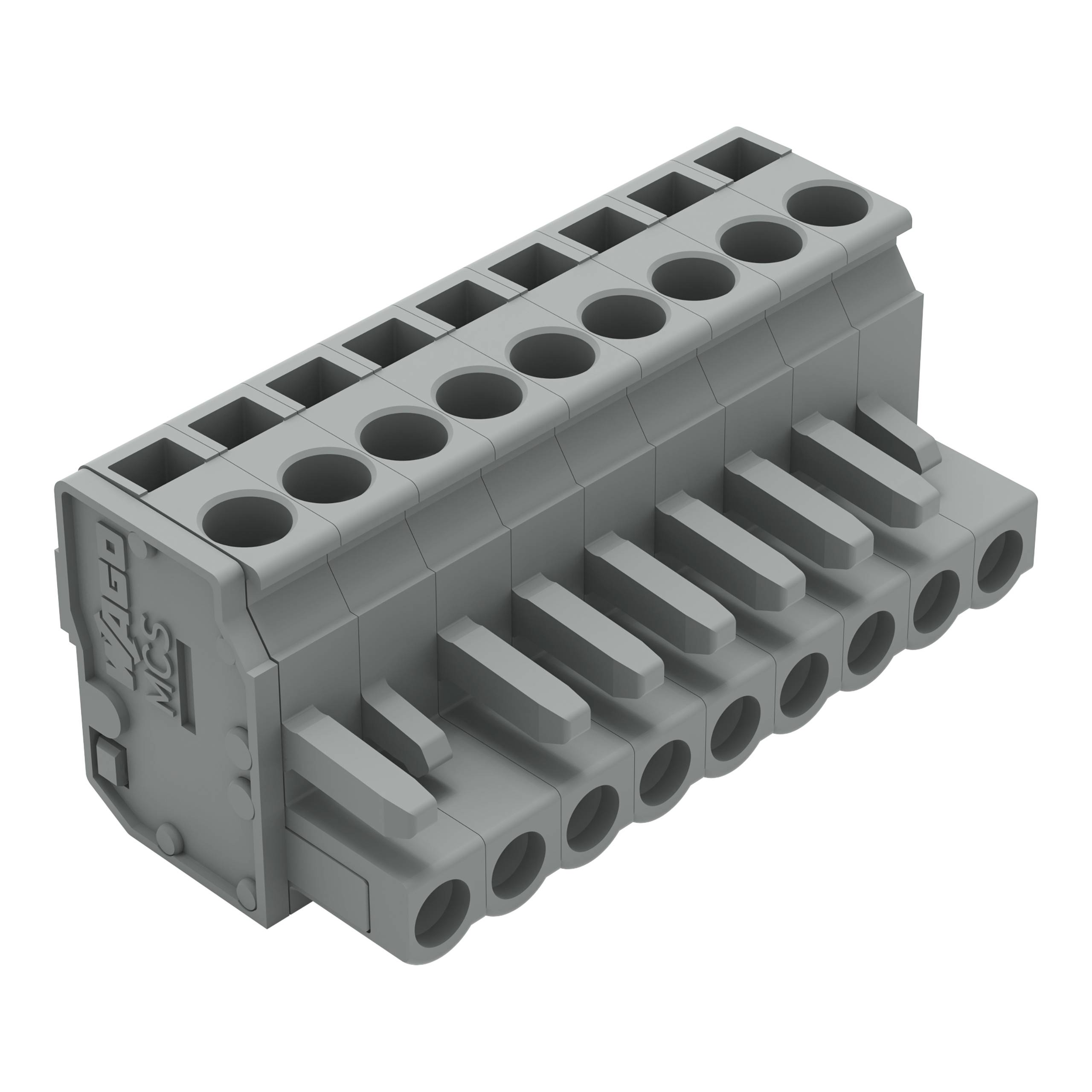 Ein graues elektrisches Anschlussblock mit mehreren Kontakten, das zum Verbinden und Organisieren von Drähten in einem elektronischen Schaltkreis verwendet wird.