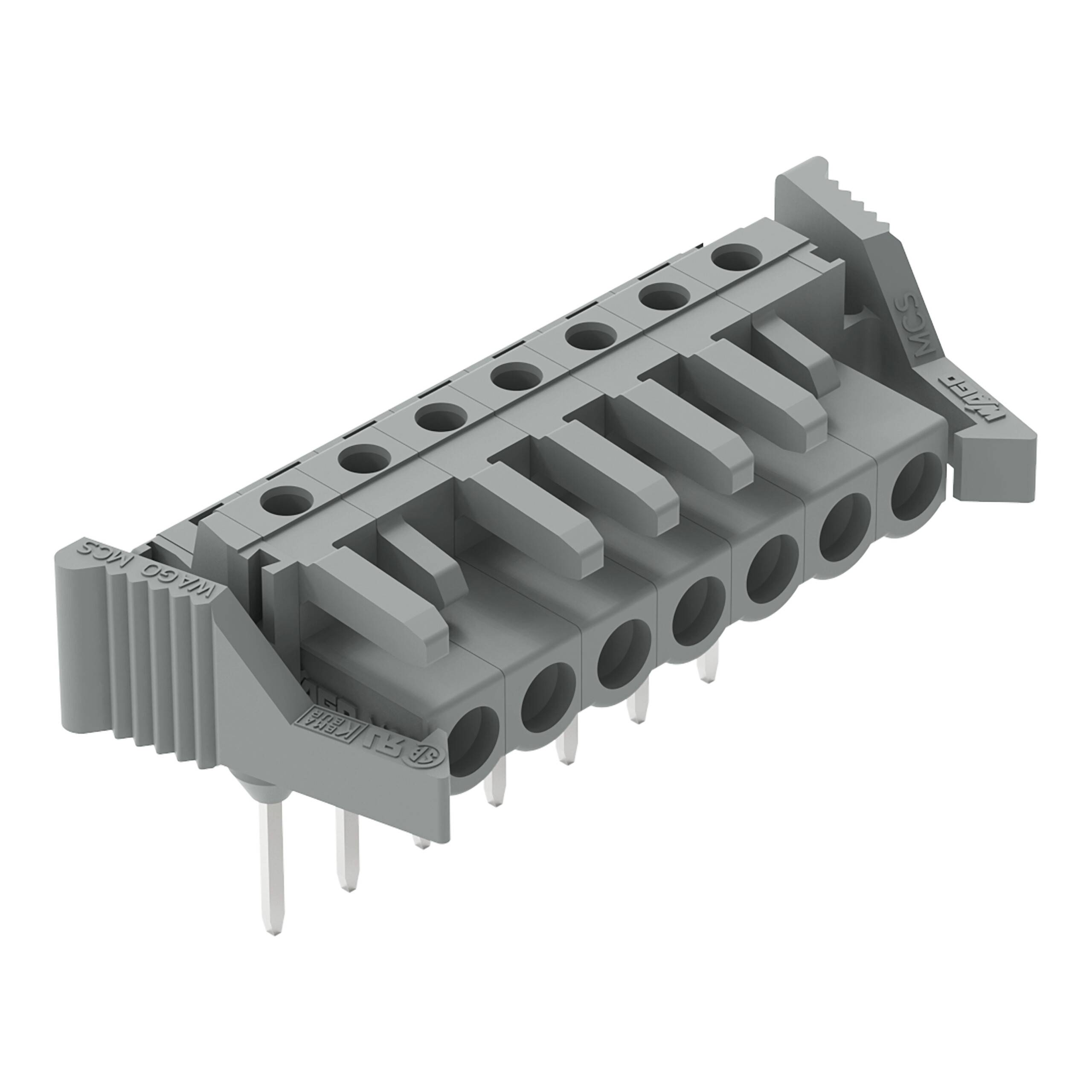Ein grauer 90-Grad-Steckerverbinder mit mehreren Kontakten, entwickelt für Anwendungen auf elektronischen Leiterplatten.