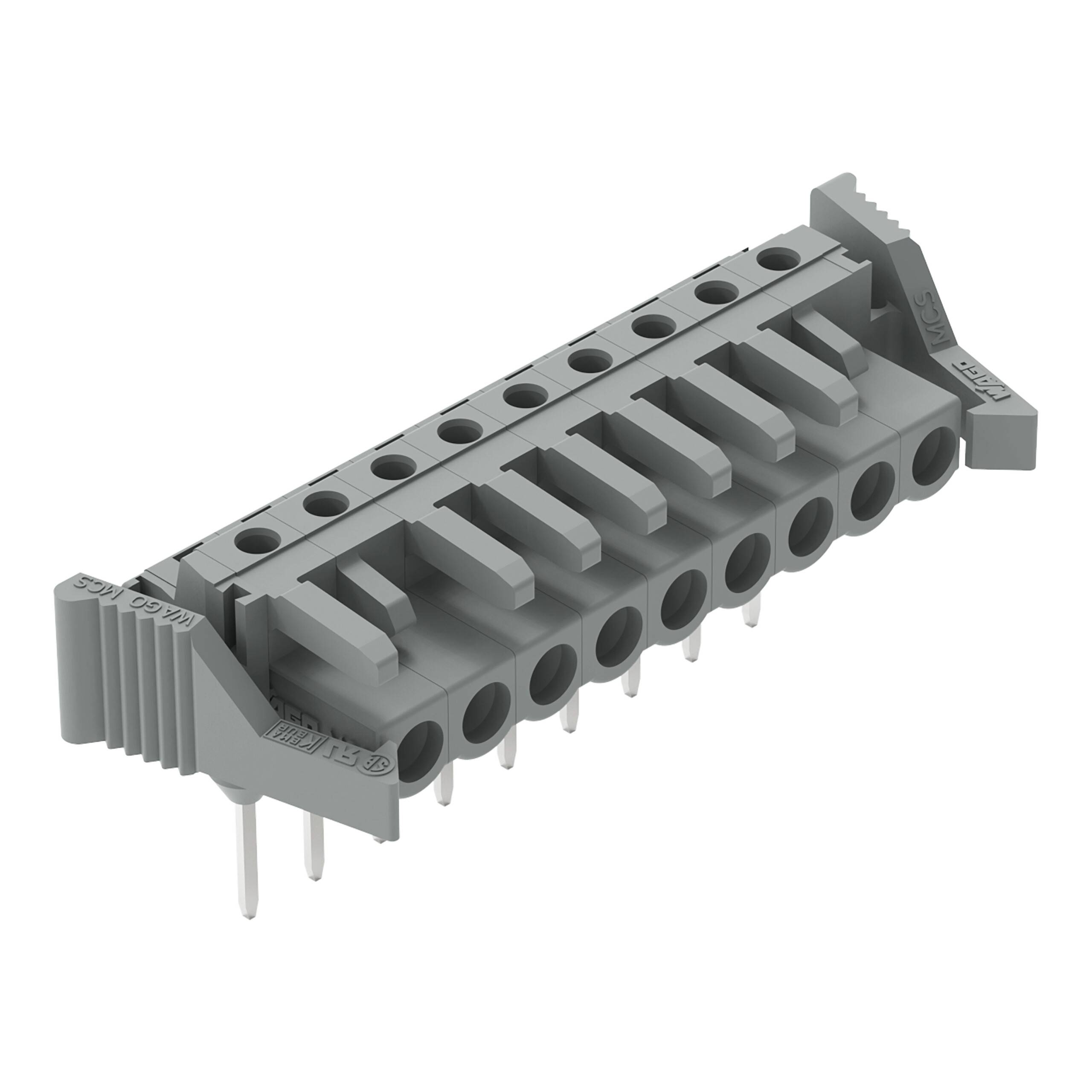 Ein grauer elektrischer Stecker mit mehreren Steckplätzen und hervorstehenden Metallstiften wird angezeigt, der für elektronische Schaltungsverbindungen verwendet wird.