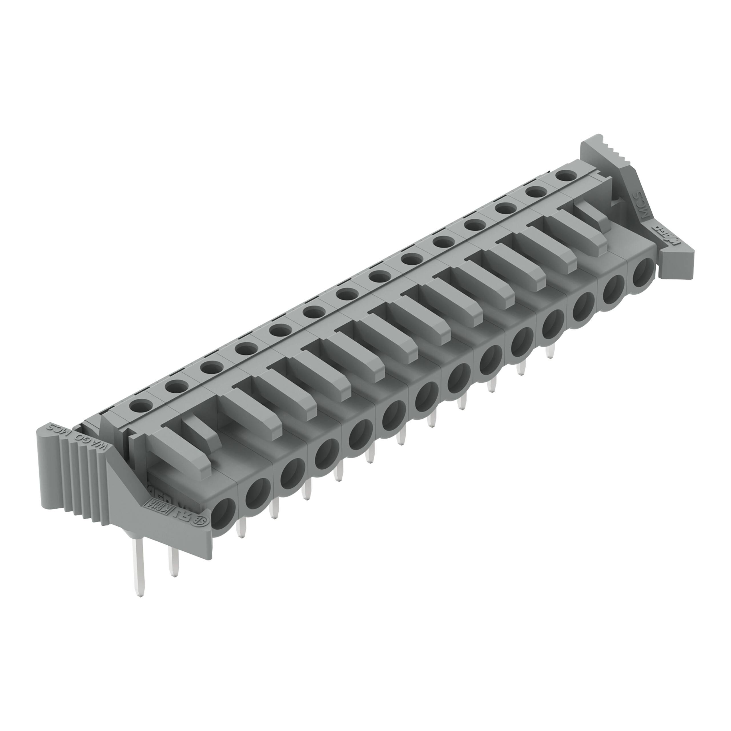 Ein grauer Elektrostecker mit mehreren Kontaktstiften und Buchsenlöchern, typischerweise für Schaltungsverbindungen in elektronischen Geräten verwendet.
