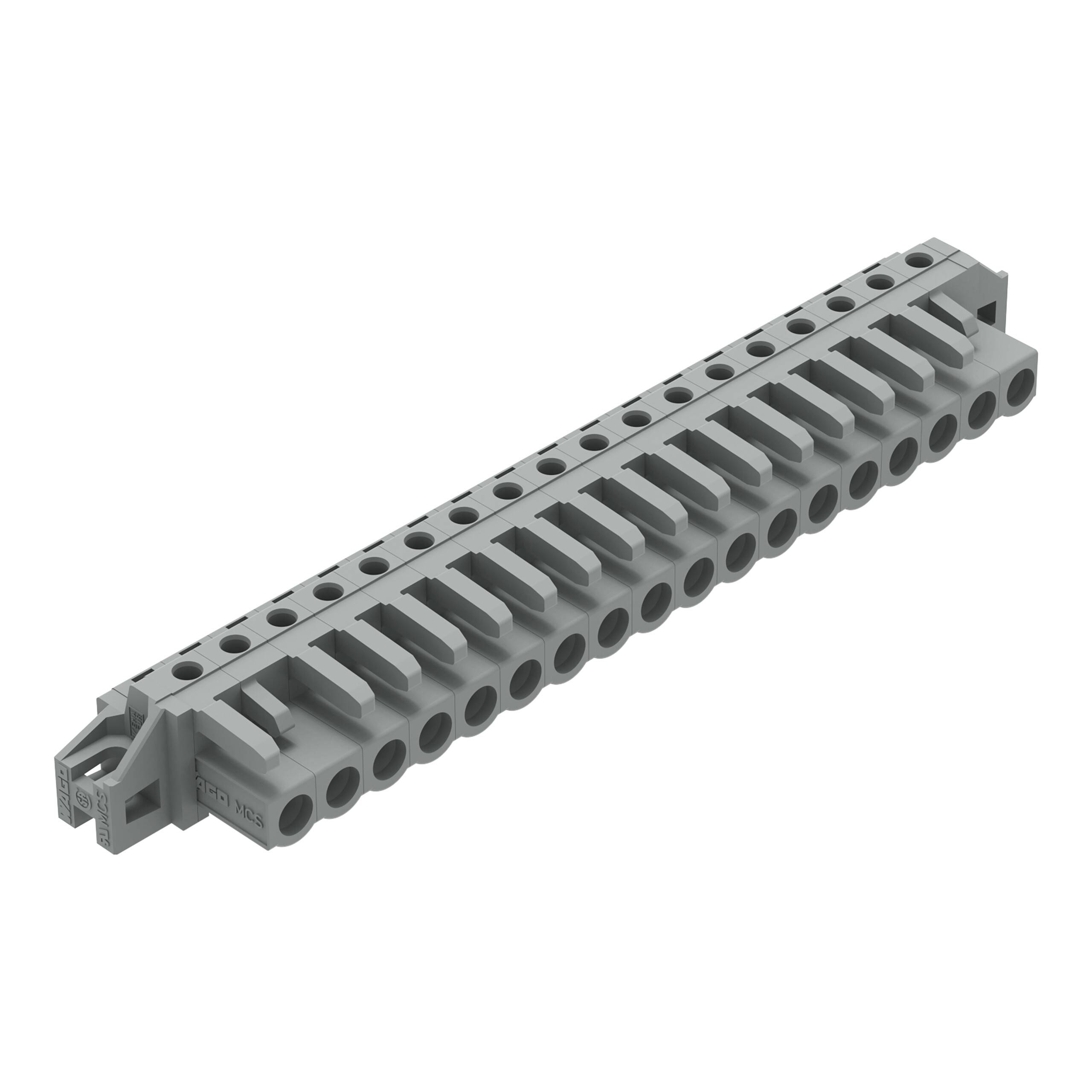 Ein grauer modularer Klemmenblock mit mehreren Steckplätzen für elektrische Verbindungen, konzipiert zur Montage auf einer DIN-Schiene.