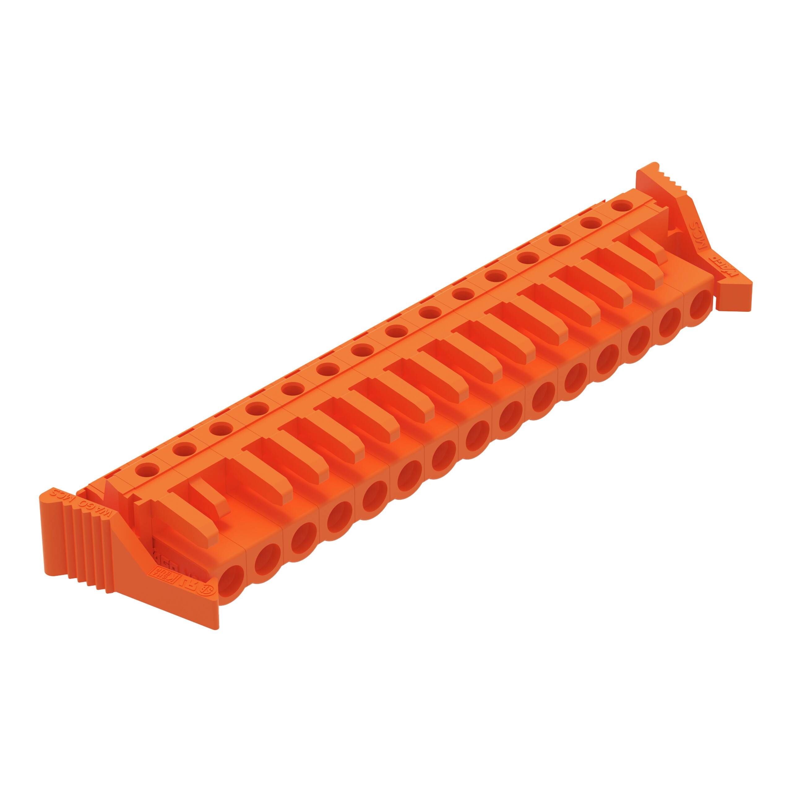 Ein orangefarbenes Kunststoff-Spielzeugstein, der mit großen Bausteineherstellern kompatibel ist und mehrere Noppen oben sowie Verbindungslöcher an den Seiten aufweist.