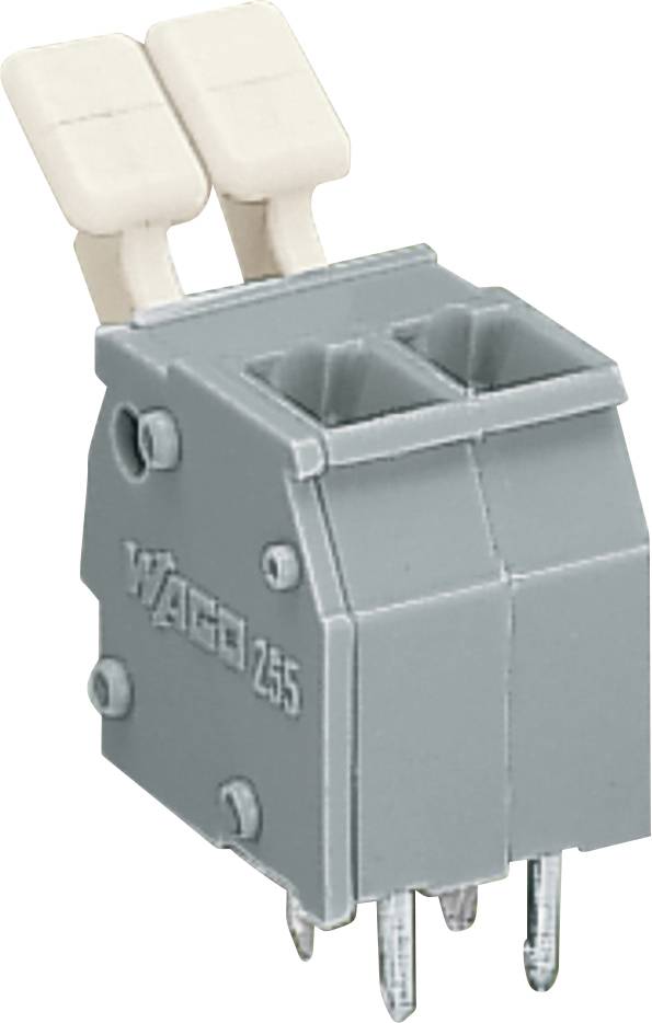 Un bloc de bornes électriques gris avec deux leviers blancs doubles, modèle « WAGO 255 », équipé de deux fentes de connecteur et de trois broches métalliques à la base.