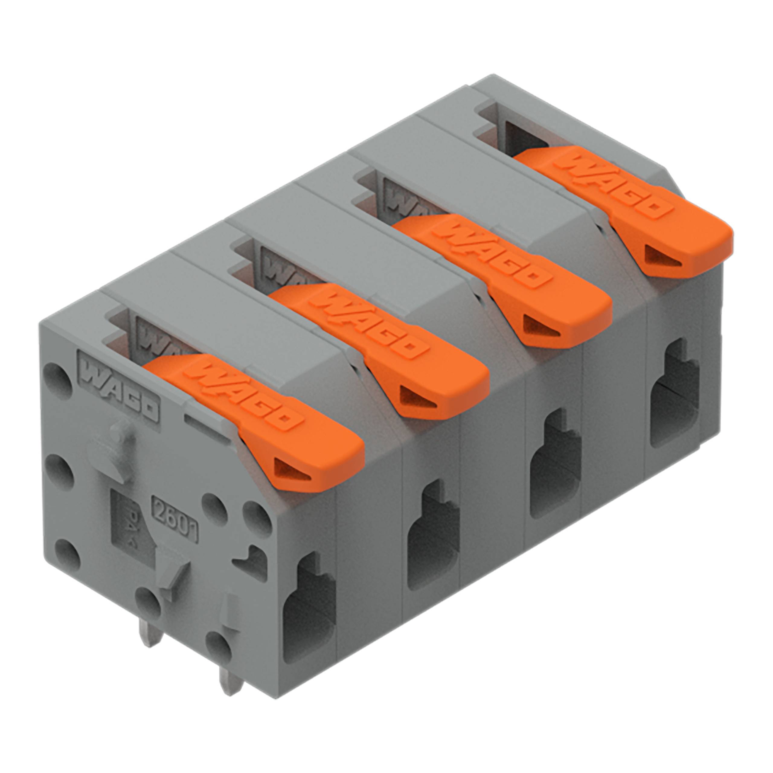 Ein vierpoliger grau-orangefarbener Elektrostecker mit der Bezeichnung „Wago