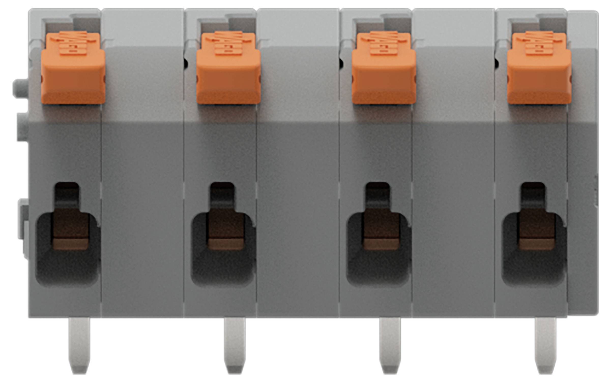 Un bloc de bornes à six positions gris et orange avec des connexions actionnées par levier, utilisé pour le câblage et les applications électriques.