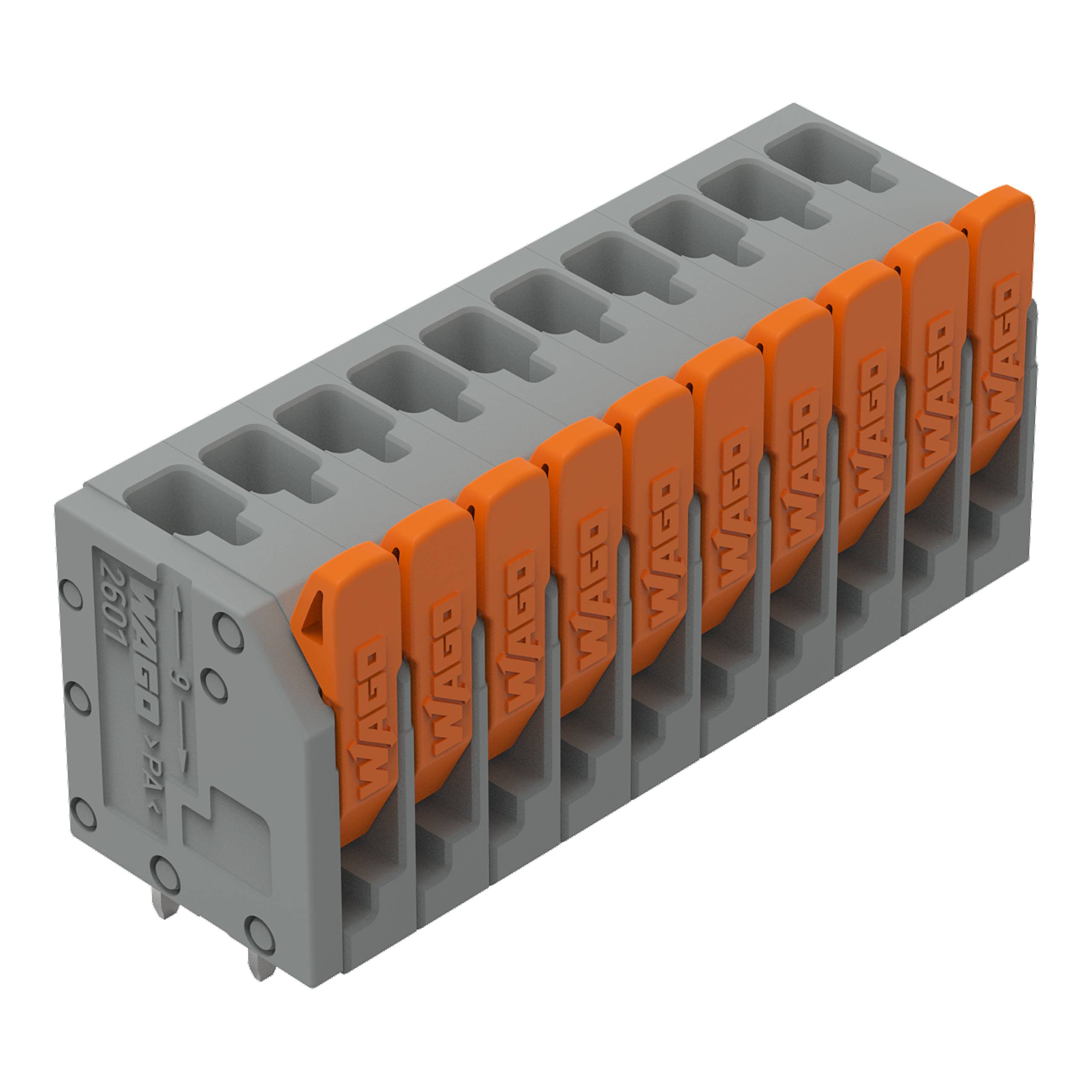 Ein grau-oranges Klemmleistenmodul mit mehreren Anschllusspunkten, gekennzeichnet mit „WAGO