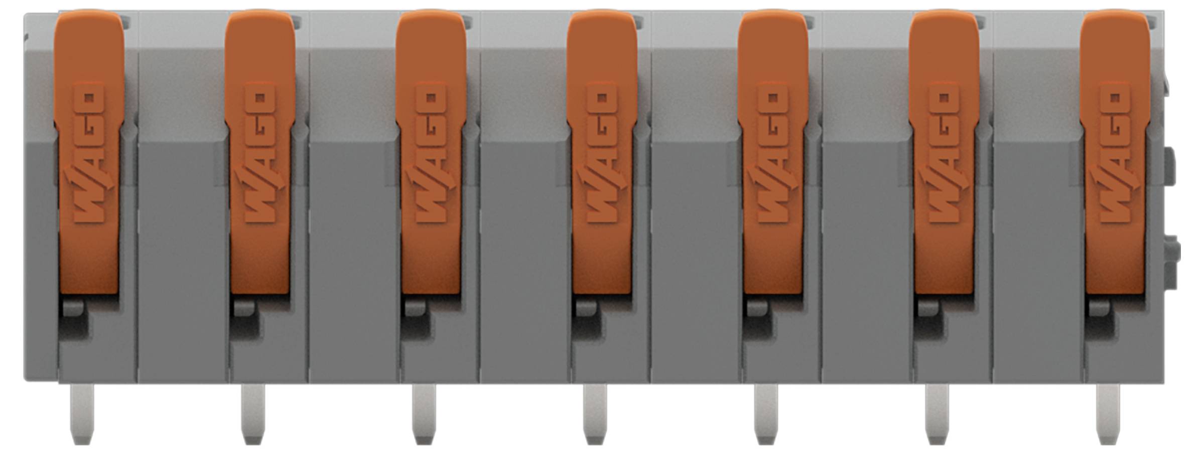 Un connecteur électrique avec sept leviers orange étiquetés « WAGO » utilisé pour les connexions de fils.