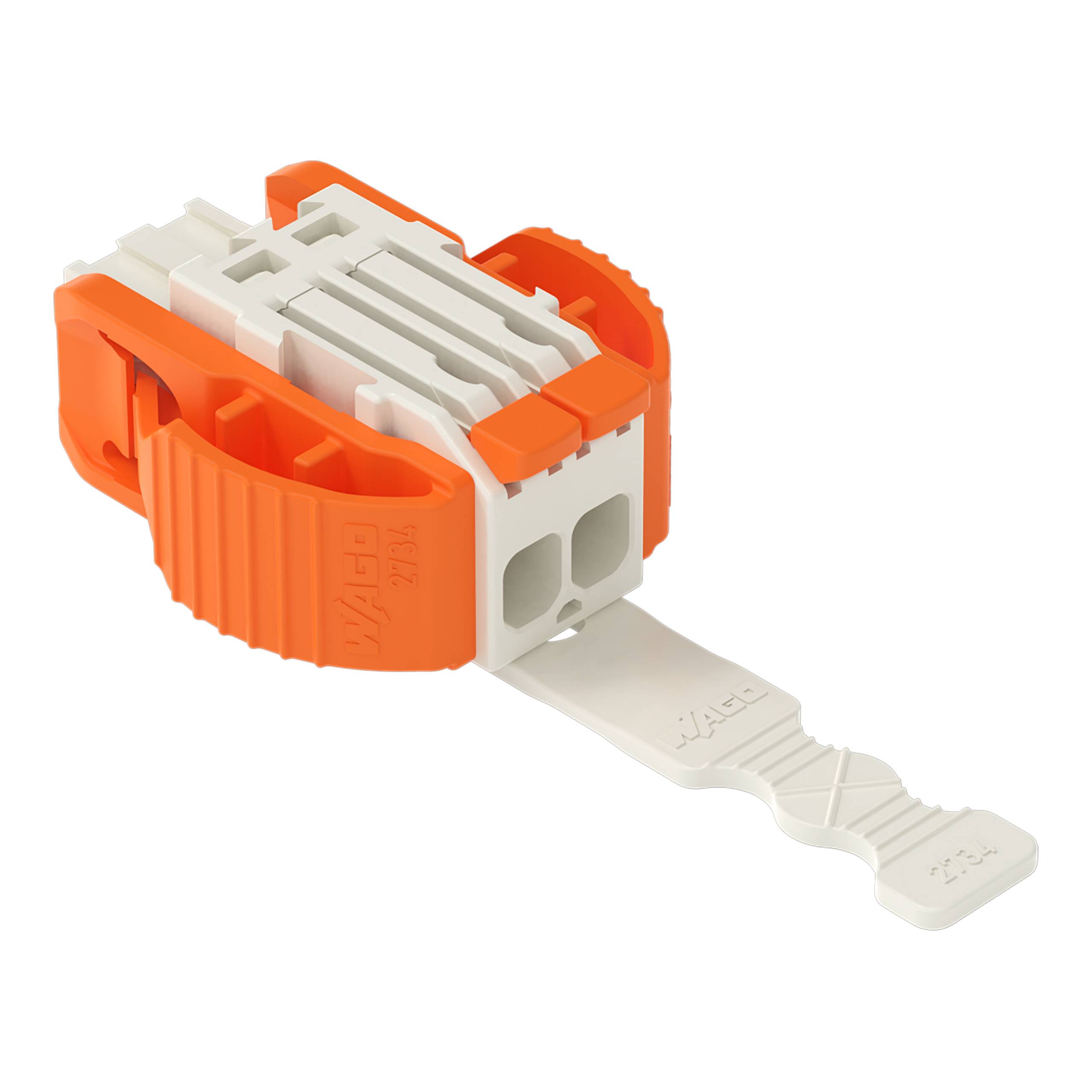 Ein orange-weißer Elektrokabelstecker, der für sichere und werkzeugunabhängige Verdrahtungsverbindungen entwickelt wurde.