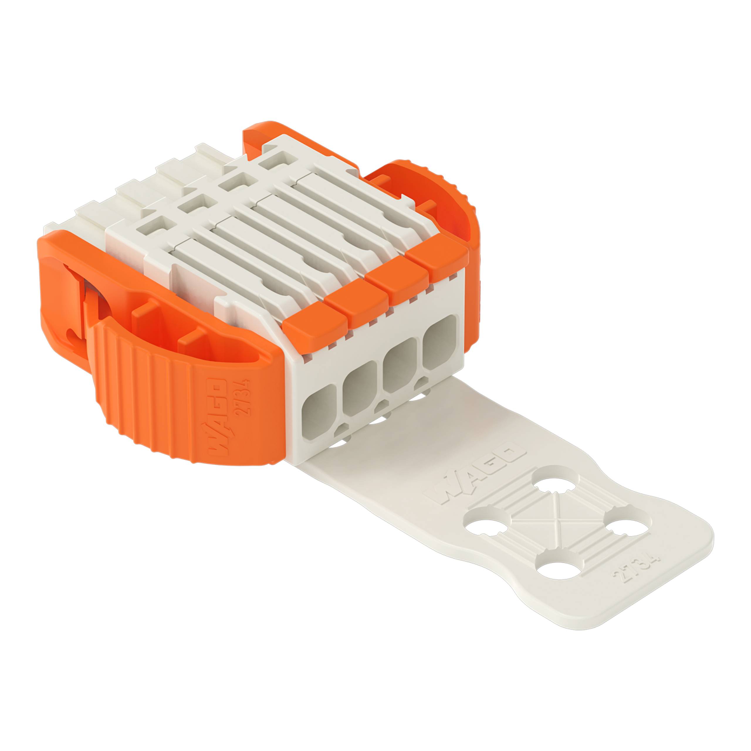 Elektrischer Drahtverbindungsblock mit drei orangefarbenen Hebeln zum sicheren Verbinden von bis zu fünf Drähten. Wird für schnelle, sichere elektrische Verbindungen verwendet.