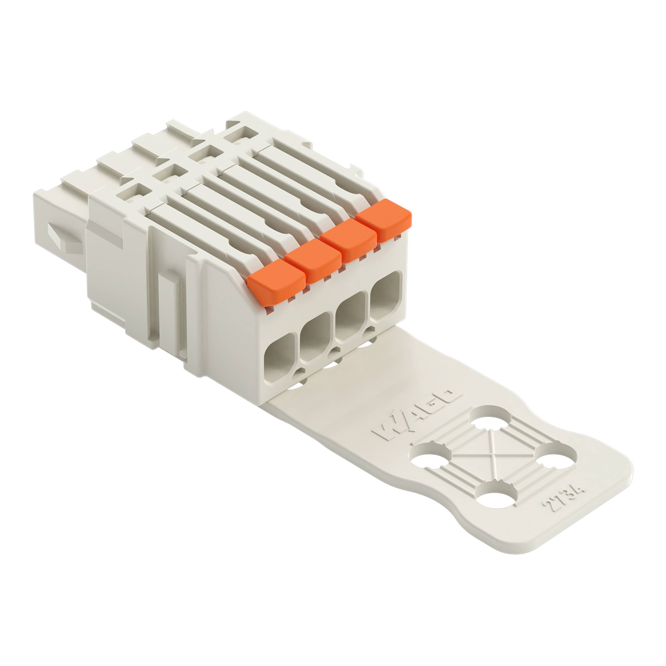 Ein weißer 3-polige elektrischer Stecker mit orangefarbenen Laschen und einer Montagebasis, der für sichere Drahtverbindungen in elektrischen Systemen verwendet wird.