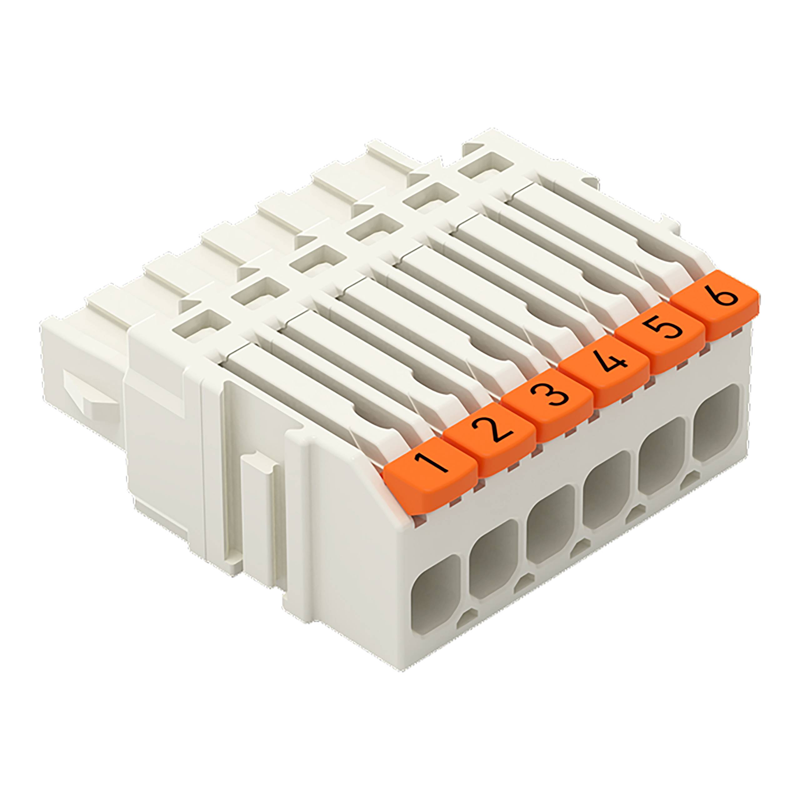 Ein 6-fach weißer Elektrostecker mit orangefarbenen Hebeln, die von 1 bis 6 nummeriert sind. Wird zum Sichern und Verbinden von Drähten in elektrischen Installationen verwendet.