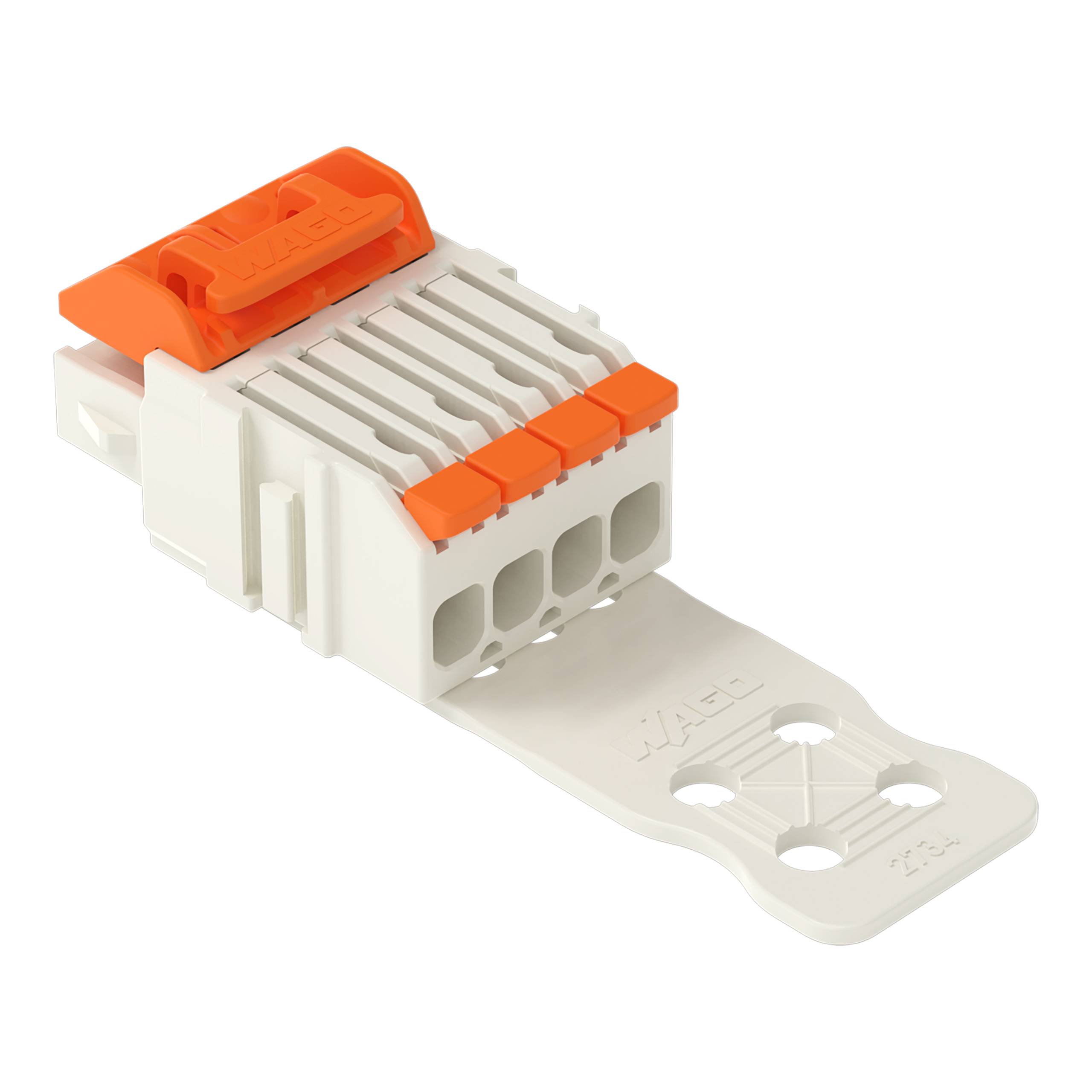 Ein Elektrostecker mit einer orangefarbenen Verriegelung und vier Schlitzen für Drahtverbindungen, entwickelt für einfache Installation und sichere Befestigung.