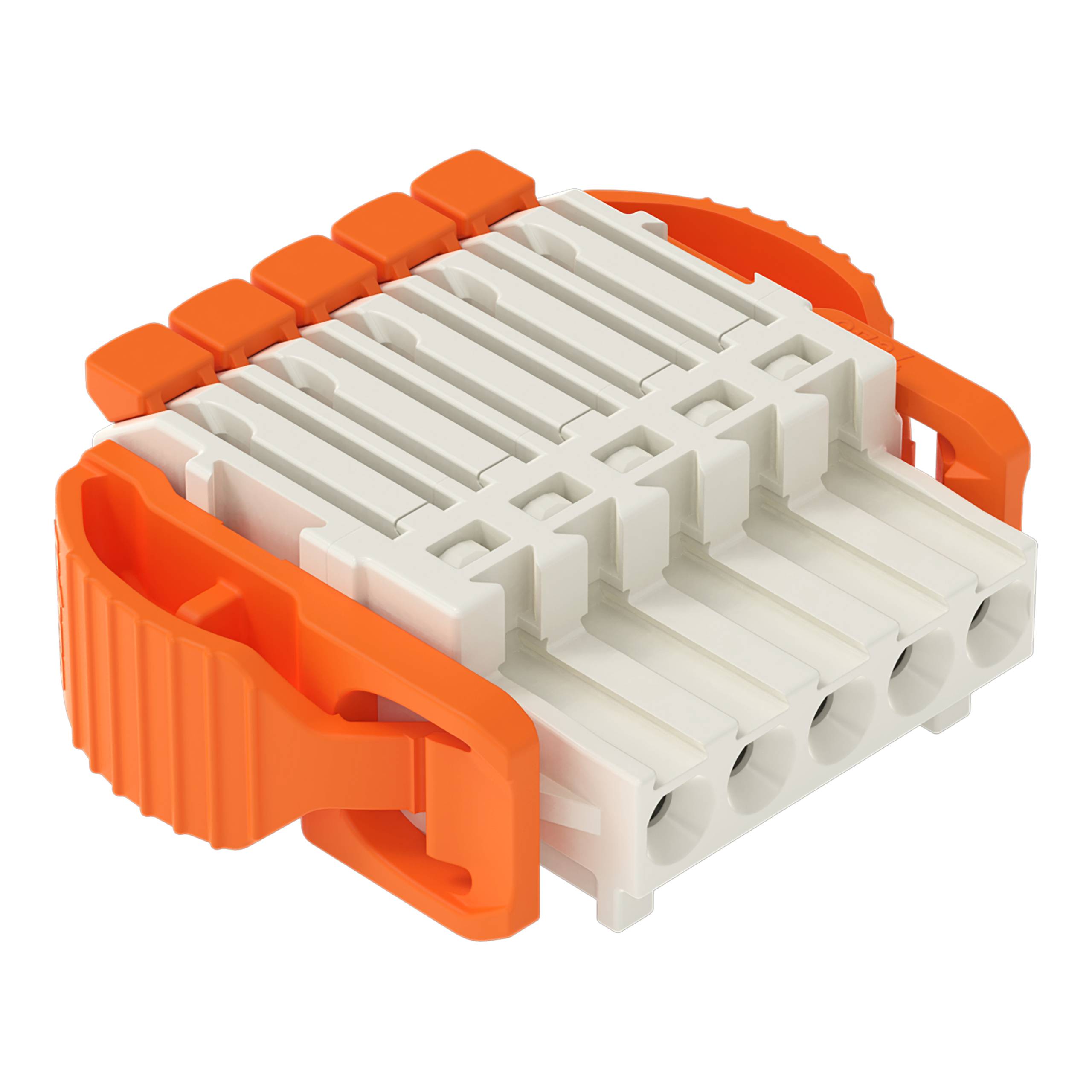Ein orange-weiß gestreifter Elektrostecker mit mehreren Schlitzen, entwickelt um Drähte effizient zu sichern und zu organisieren.
