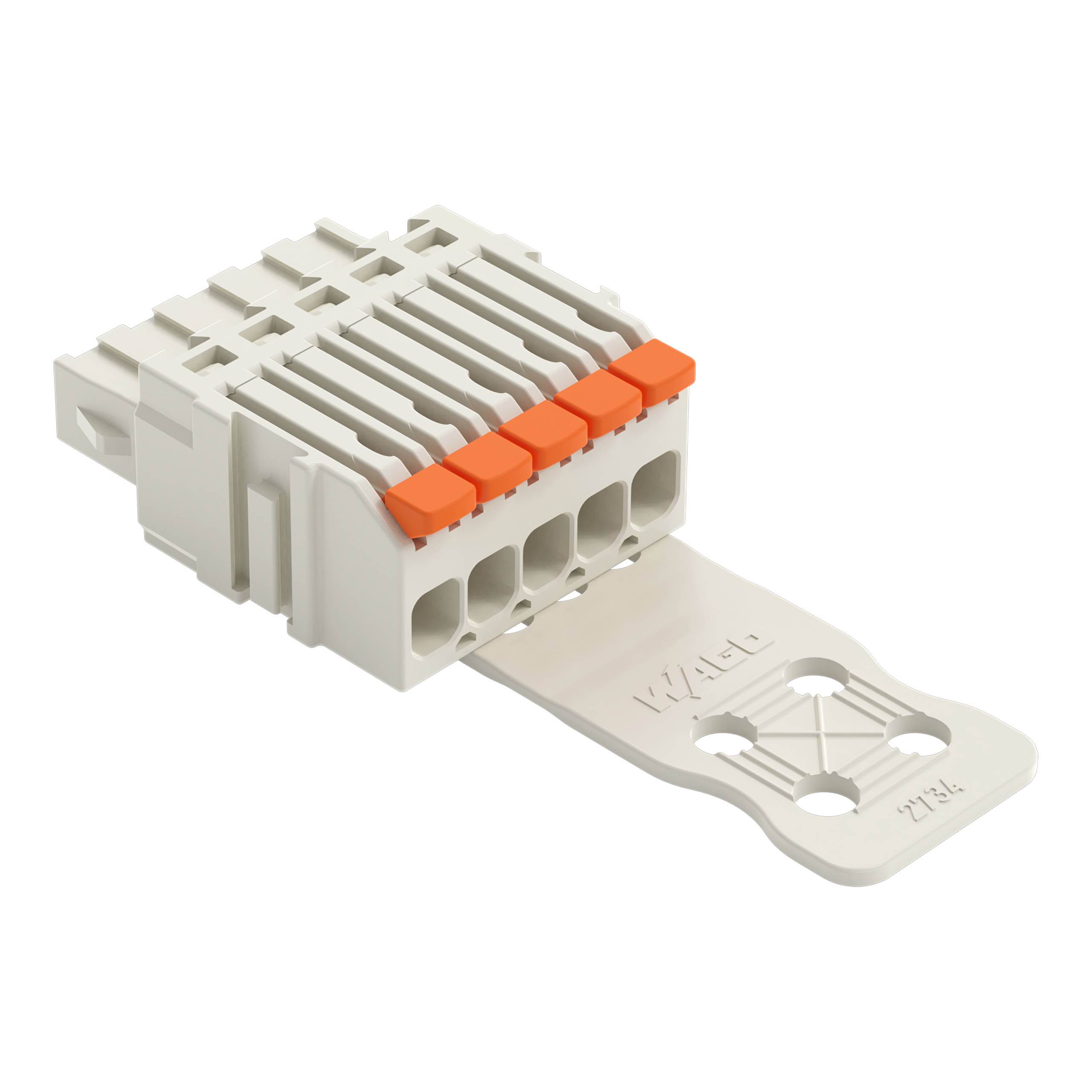 Ein weißer Kunststoffstecker mit fünf Schlitzen und orangefarbenen Hebeln, mit einer flachen Basis mit vier Befestigungslöchern auf seinem erweiterten Abschnitt.