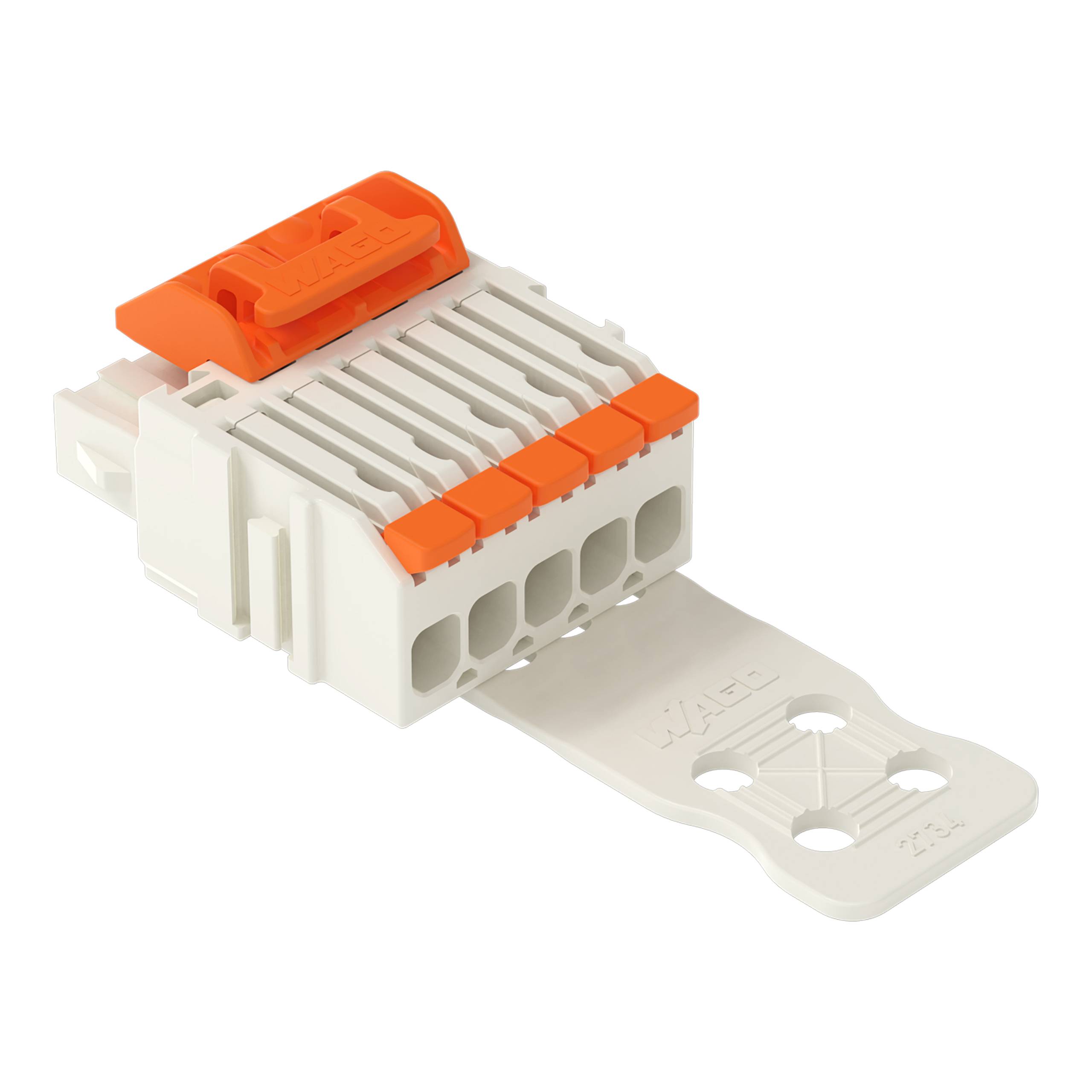 Ein weiß-oranges Elektrosteckermodul mit mehreren Eingabeschlitzen, mit einer flachen Lasche zur Montage, zum Verbinden von Drähten verwendet.