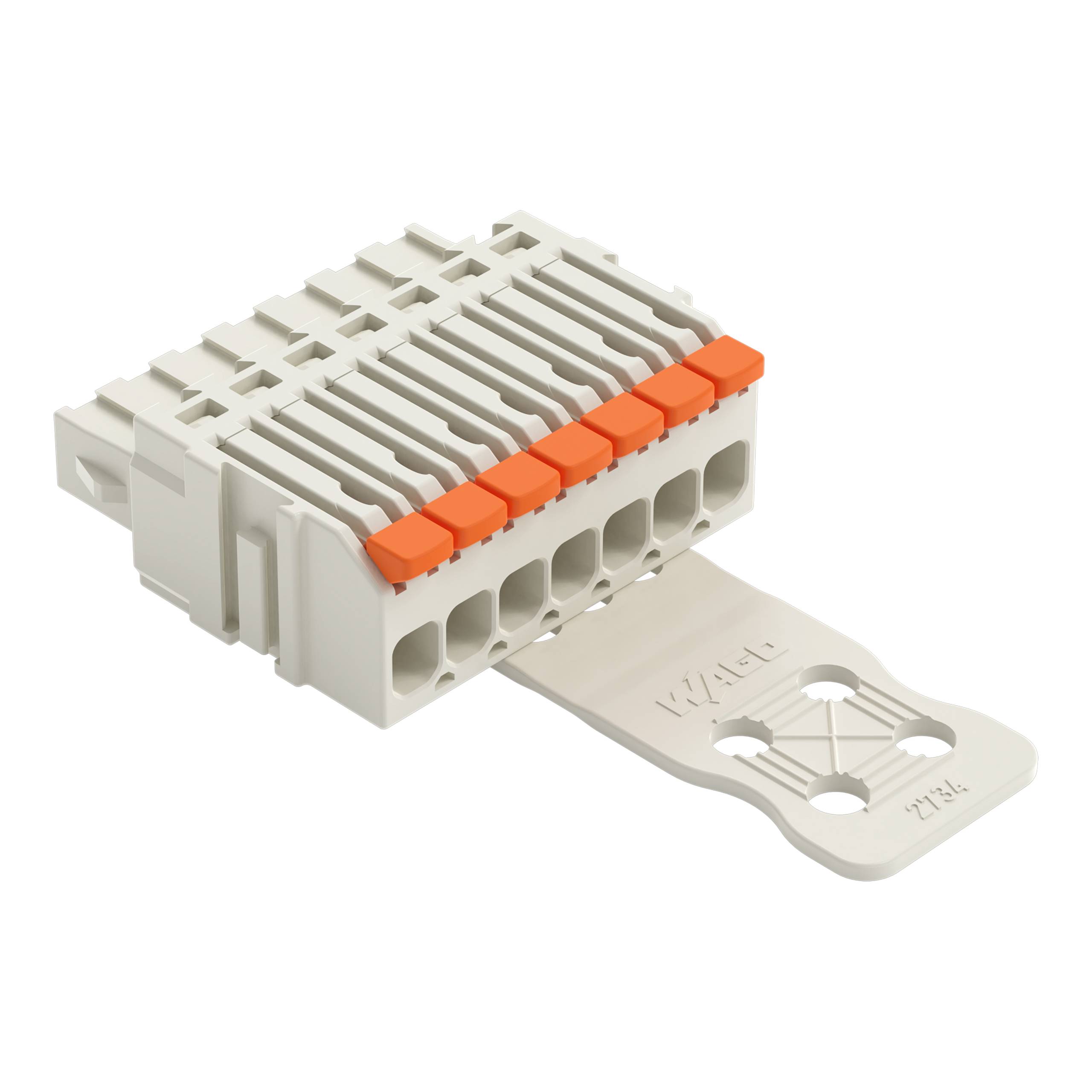 Ein weißer elektrischer Stecker mit einem orangefarbenen oberen Abschnitt, mehrere Schlitze aufweisend und eine flache, längliche Basis mit Löchern zur Montage.