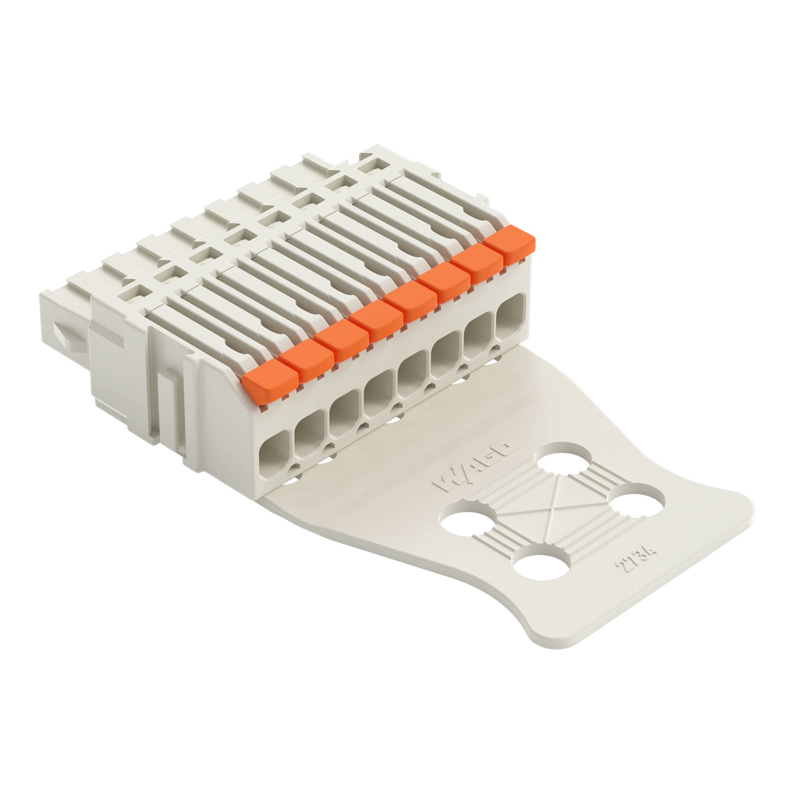 Ein weißer Kunststoff-Elektrostecker mit acht orangefarbenen Clips, gekennzeichnet mit „WAGO