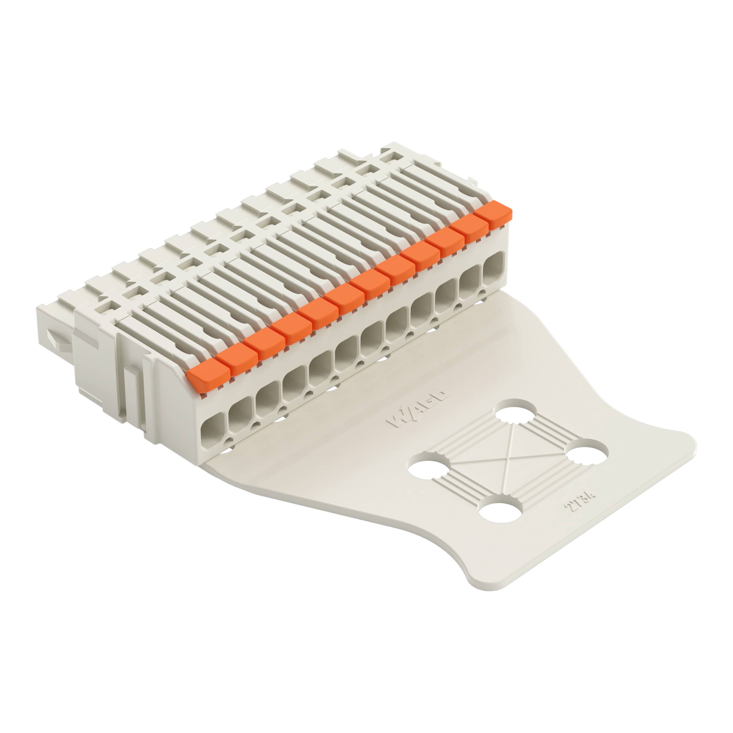 Ein weißer und orangefarbener Elektrostecker mit mehreren Schlitzen für die Verkabelung ist auf einer flachen Halterung mit Schraubenlöchern zur Installation montiert.