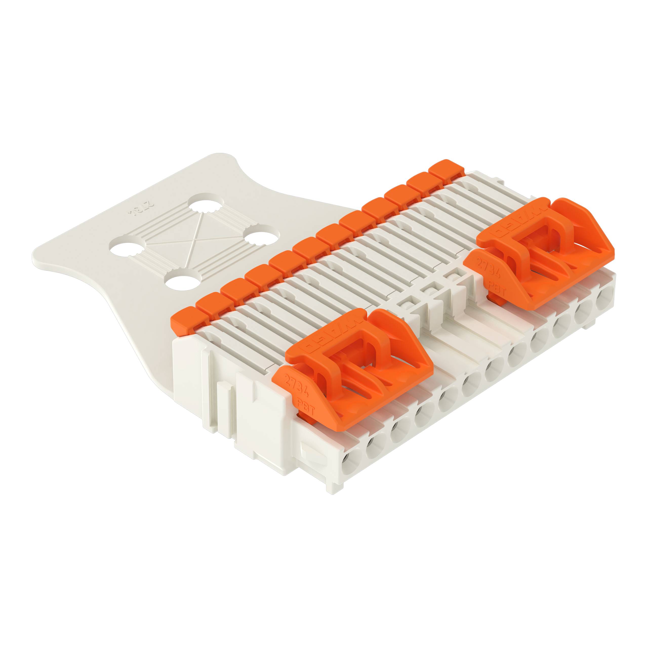 Ein Anschlusslöscher mit weißer Basis und orangefarbenen Hebeln, verwendet für Kabelverbindungen in elektrischen Installationen.