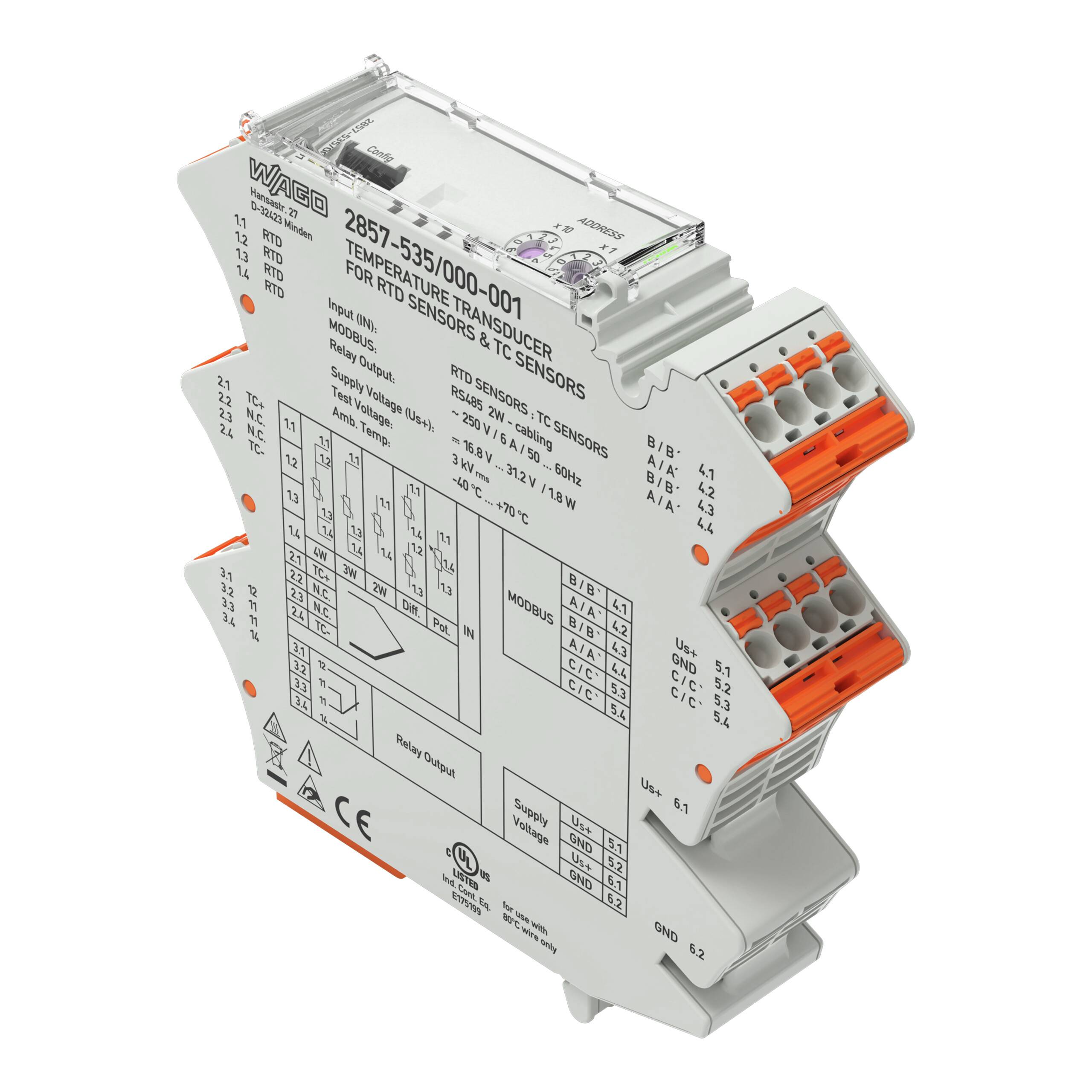 Ein Temperatursignalwandler mit beschrifteten Anschlüssen und technischen Spezifikationen für RTD-/TC-Sensoren mit kompaktem Design.