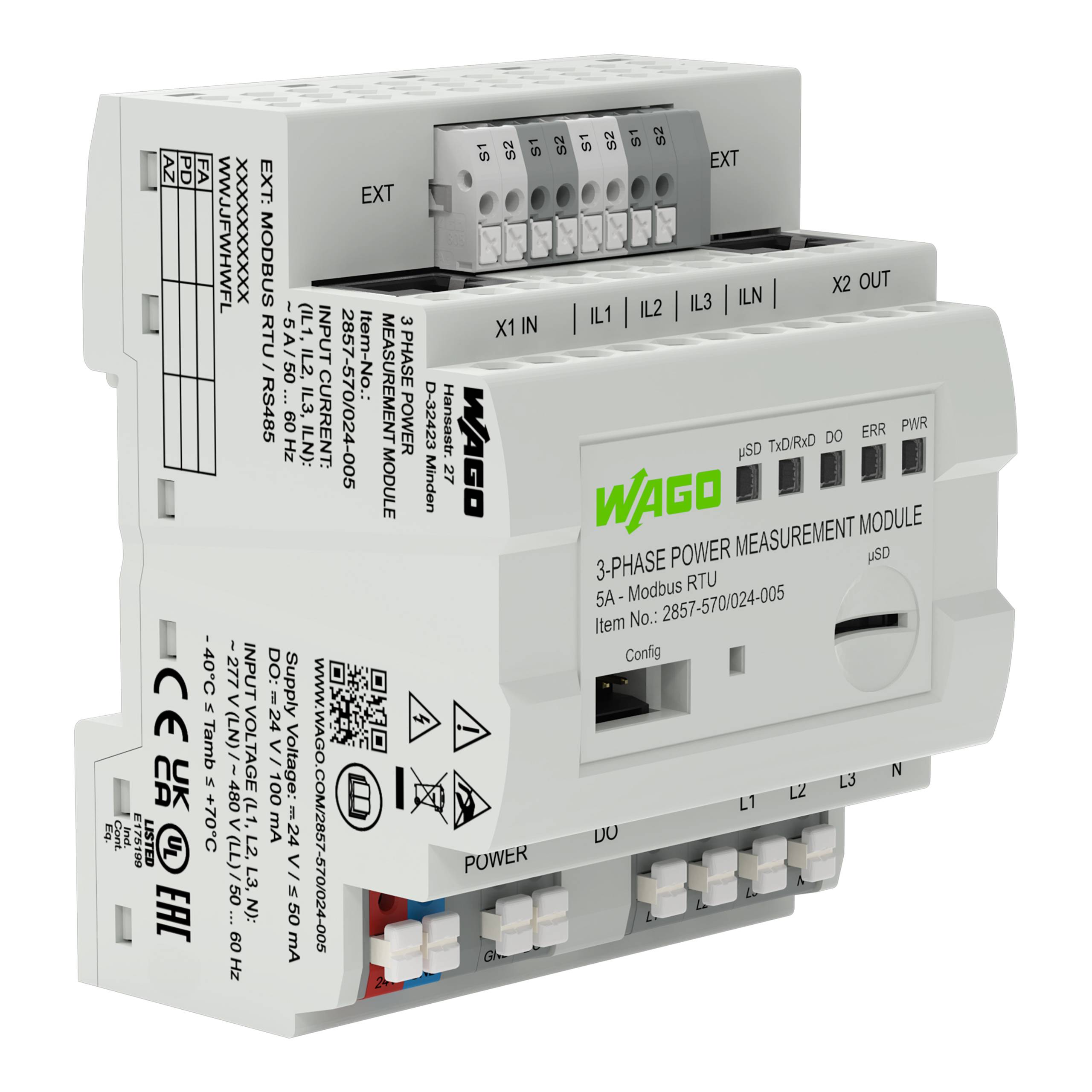 WAGO 3-Phasen-Leistungsmessmodul. Umfasst Modbus RTU, Ein- und Ausgänge sowie Konfigurationsoptionen. Geeignet für den industriellen Einsatz.