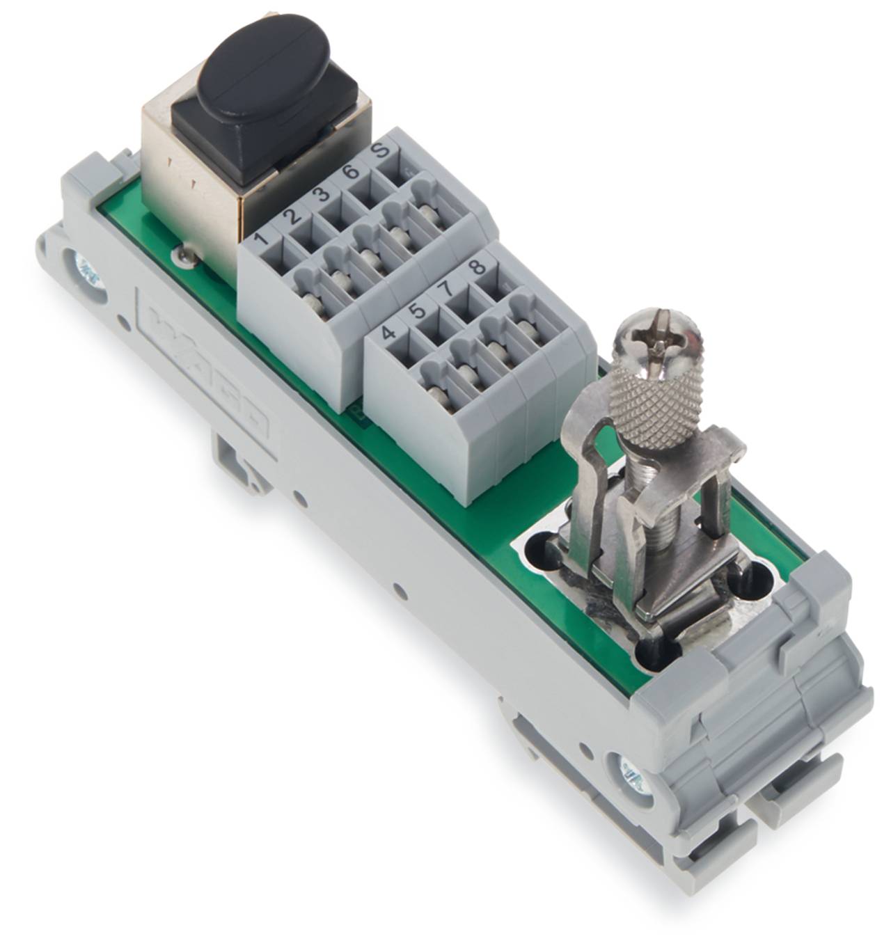Eine auf DIN-Schiene montierte Klemme mit nummerierten Schraubklemmen und einem Hebel, die für elektrische Verbindungen in industriellen Anwendungen verwendet wird.