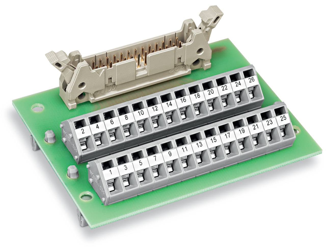Ein Anschlussblock auf einer grünen Leiterplatte mit nummerierten Verbindungspunkten von 1 bis 26, entwickelt für sichere elektrische Verbindungen.