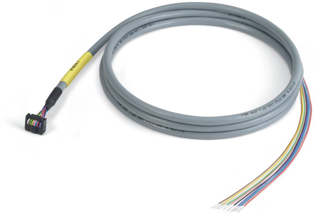 Aufgerolltes graues elektronisches Kabel mit mehreren farbigen Drähten, die von einem Ende herausragen.