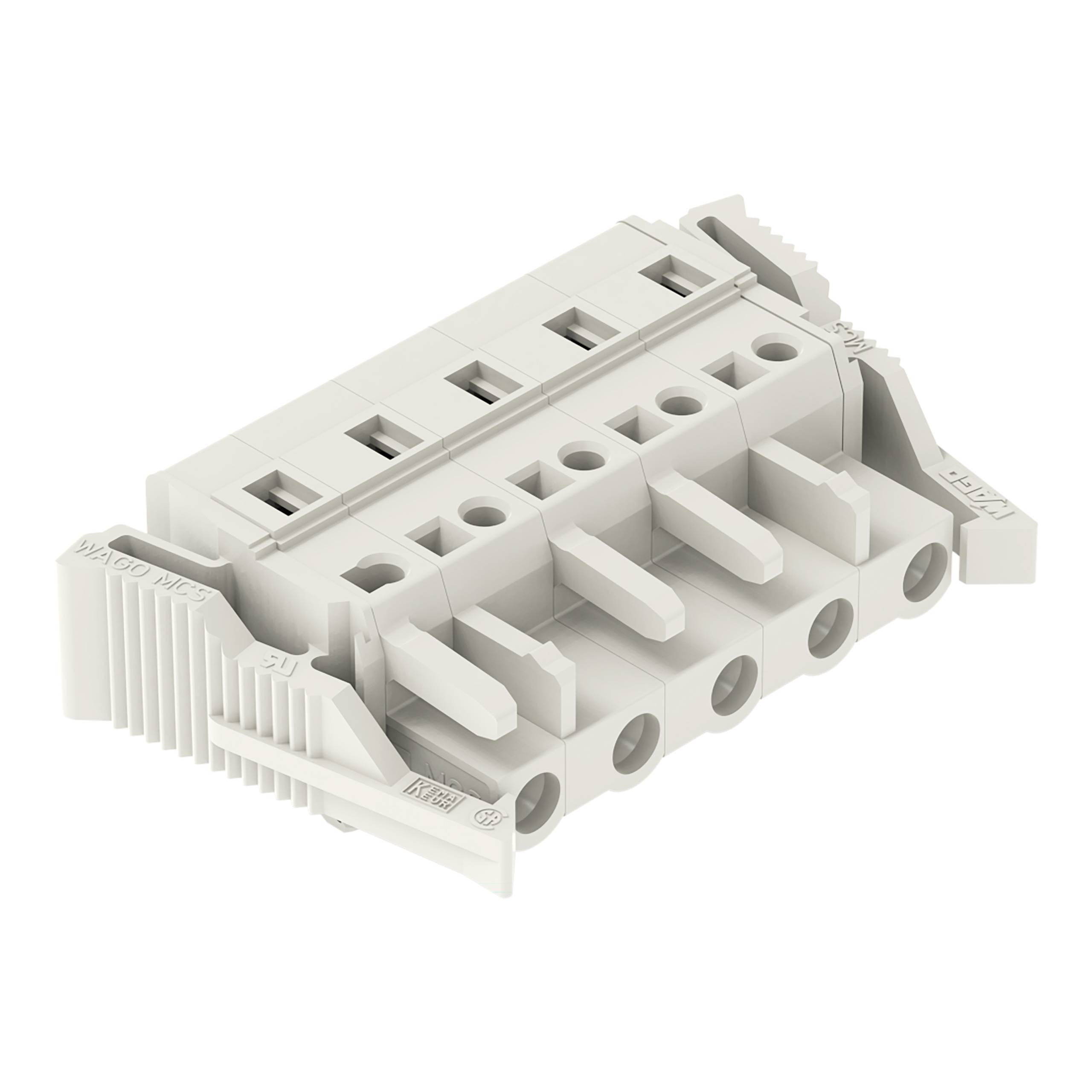 Ein weißes elektrisches Klemmleistenblock mit mehreren Steckverbindern für Verdrahtungsanwendungen, zeigt Schlitze und Nuten für die Drahteinführung.