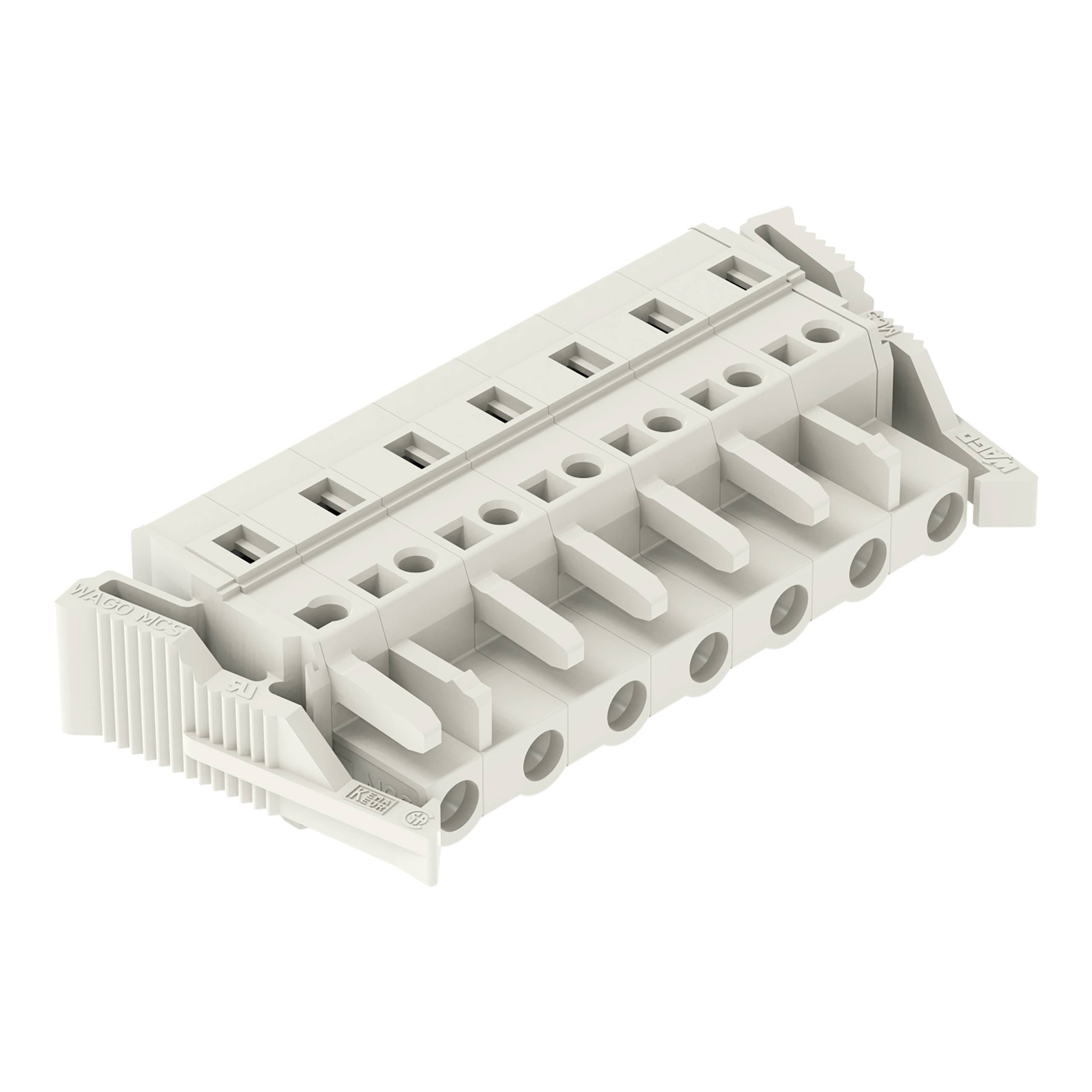 Ein weißer Kunststoffstecker mit mehreren Schlitzen für elektrische Verbindungen, entwickelt für die Verwendung in elektronischen oder elektrischen Systemen.
