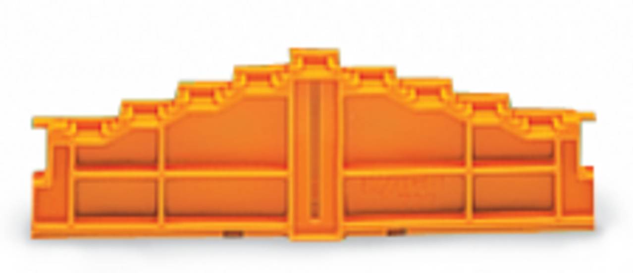 Ein orangefarbenes LEGO-Architekturbauteil, das zum Erstellen von symmetrischen, gestuften Strukturen entwickelt wurde.