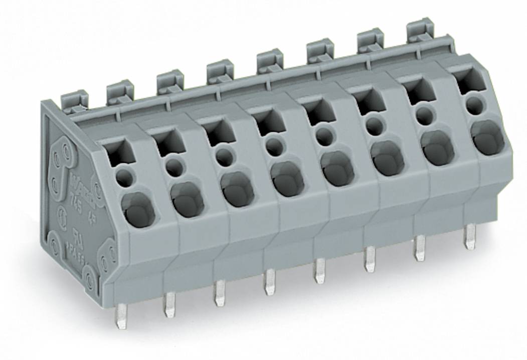 Ein grauer 8-poliger elektronischer Stecker mit Stiften zur Leiterplattenmontage, konstruiert für sichere elektrische Verbindungen in elektronischen Geräten.