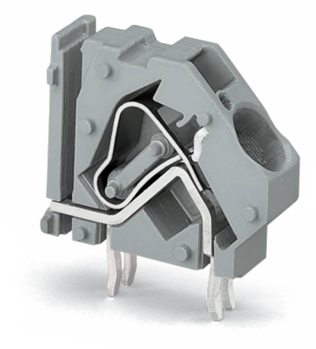 Ein graues Elektroklemmenleistenblock mit komplexer innerer Struktur, die verschiedene Anschlußpunkte und metallische Komponenten zeigt.