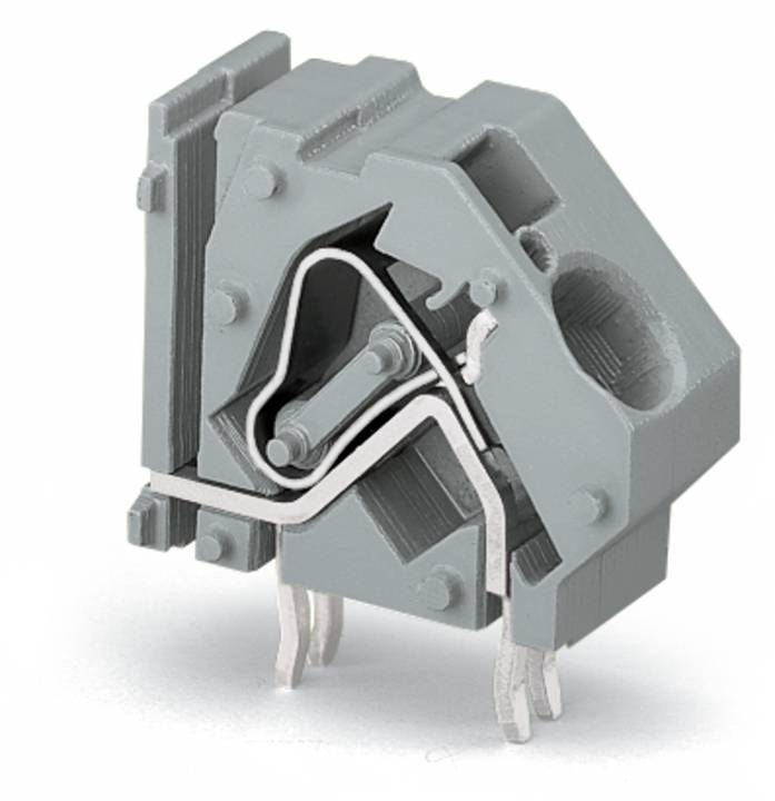 Eine graue elektrische Komponente mit Metallverbindern und aufwendigen Designdetails, die häufig in Schaltungsanordnungen oder Engineeringprojekten verwendet wird.