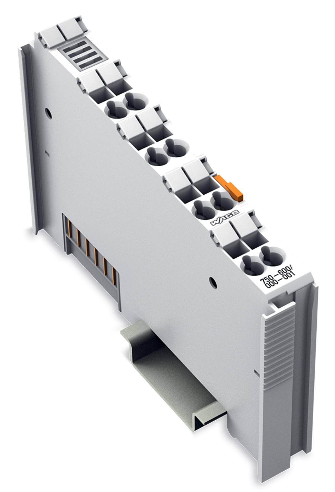 Ein graues elektronisches Klemmenblock mit mehreren Kabelanschlüssen und einer Montageklammer.