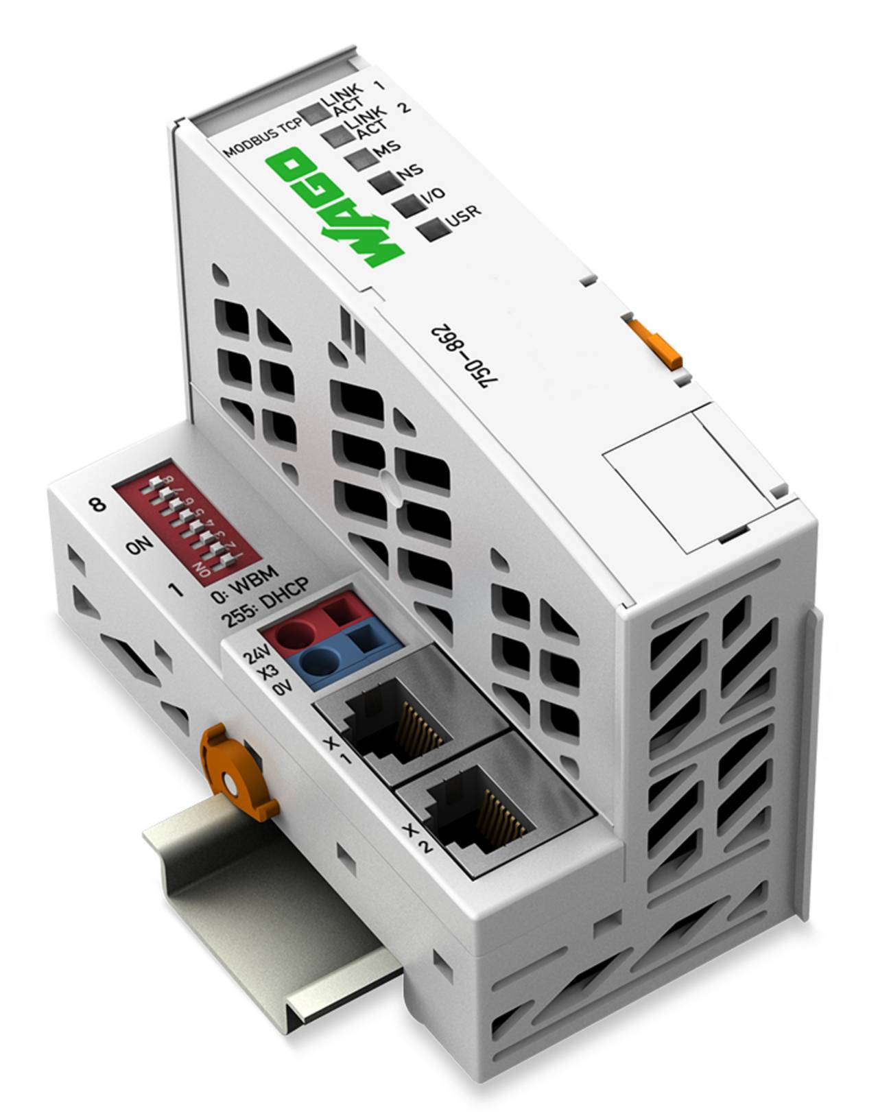 Elektronisches Gerät mit Lüftungsöffnungen und Anschlüssen für Daten- und Stromverbindungen, das auf einer Schiene montiert ist. Enthält Schalter zur Konfiguration.