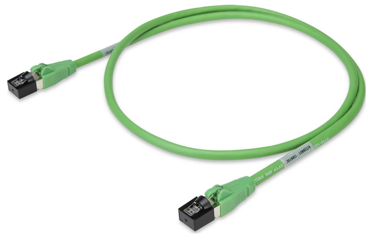 Un câble Ethernet vert avec des connecteurs noirs aux deux extrémités, utilisé pour les connexions réseau.