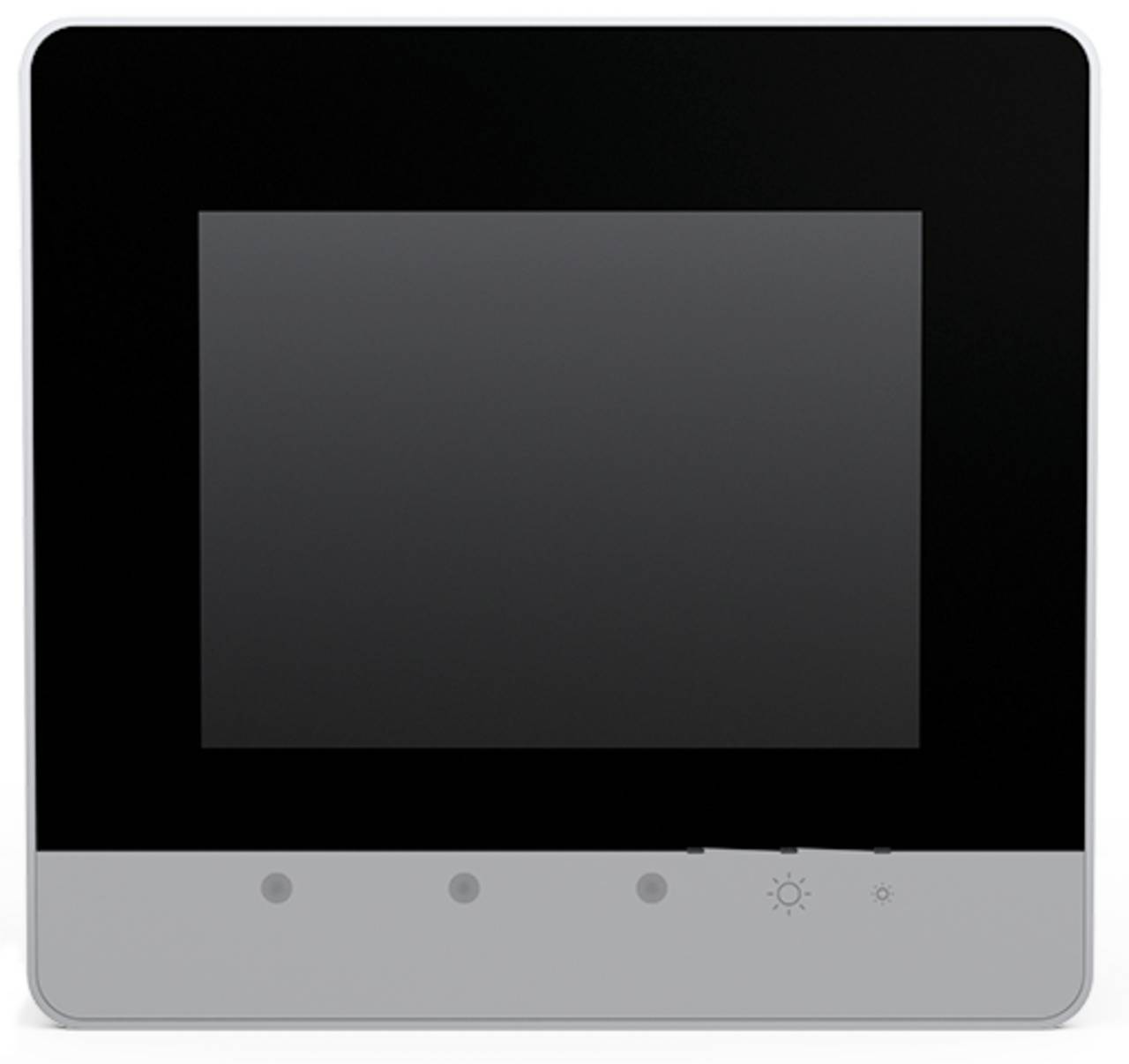 Ein schwarzer Bildschirm auf einem Gerät mit vier Touchscreen-Tasten darunter, die verschiedene Einstellungen darstellen.