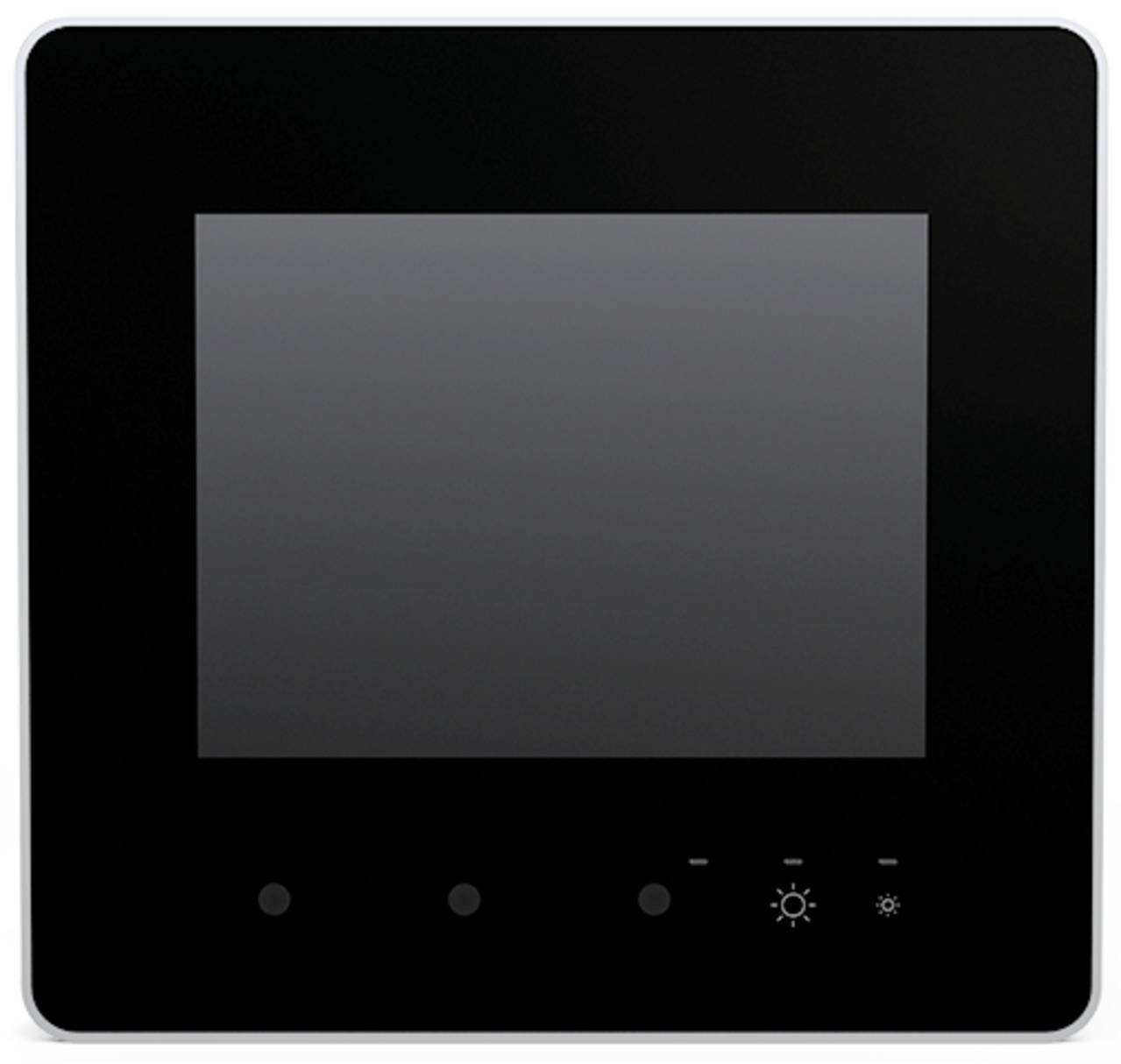 Ein schwarzes Touchscreen-Panel mit vier Symbolschaltflächen darunter: Stromversorgung, „+