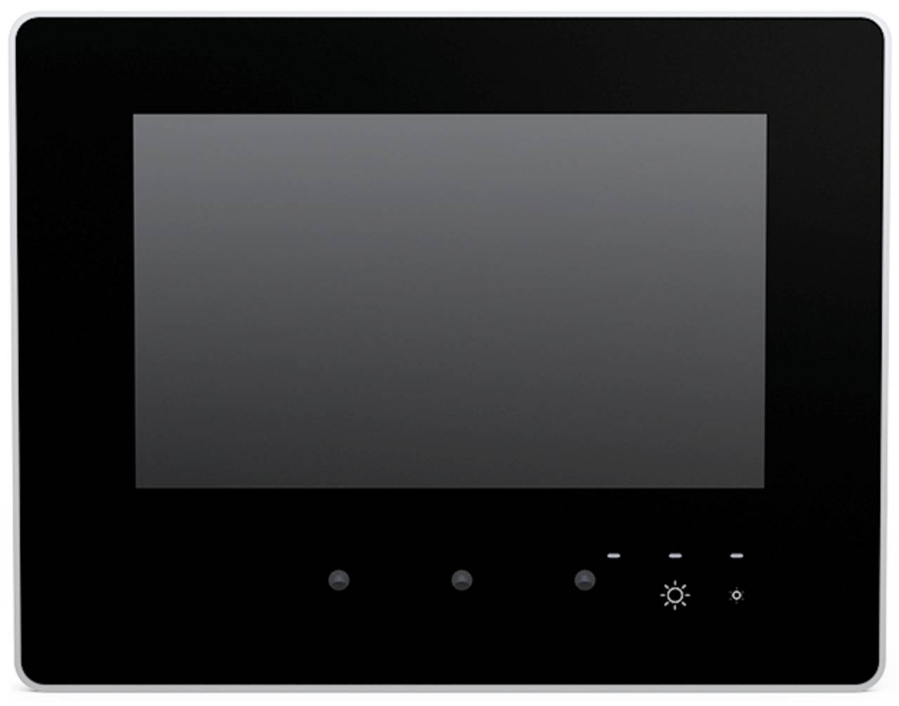 Ein schwarzes rechteckiges Touchscreen-Gerät mit breitem Bildschirm und drei kreisförmigen Tasten darunter, mit Helligkeits- und Stromversorgungssymbolen.