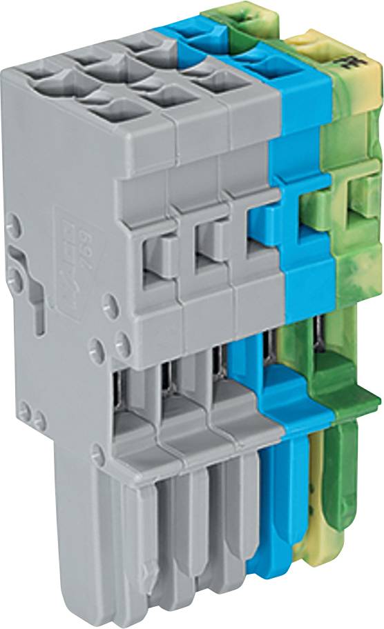 Un bloc de bornes gris, bleu et vert avec plusieurs points de connexion, utilisé pour le câblage dans les installations électriques.