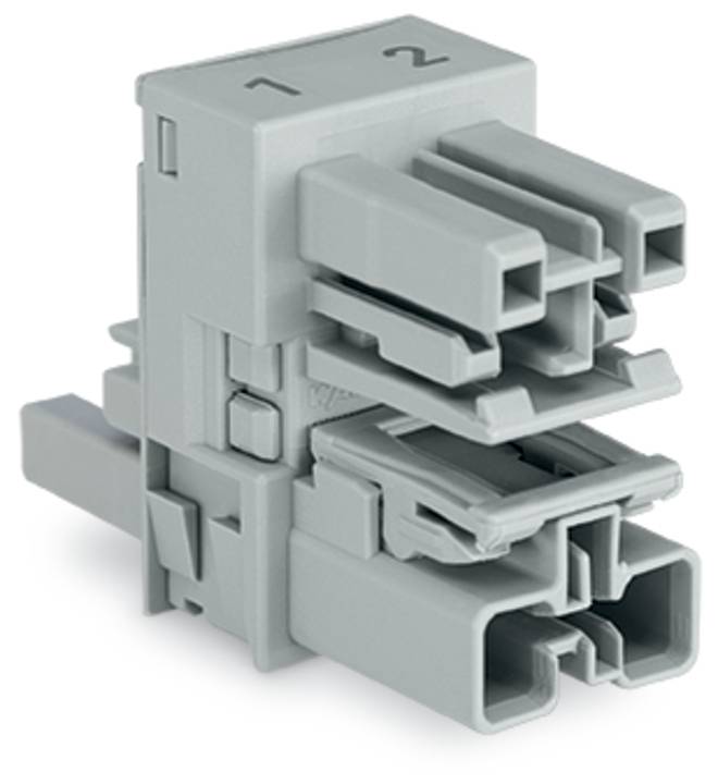 Ein grauer Elektrostecker mit mehreren Schlitzen, mit den Beschriftungen 