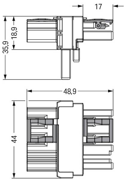 Dessin technique d'un composant mécanique avec dimensions. La vue de dessus montre une largeur de 17 mm et une hauteur de 35,9 mm, tandis que la vue de côté montre une longueur de 48,9 mm et une hauteur de 44 mm.
