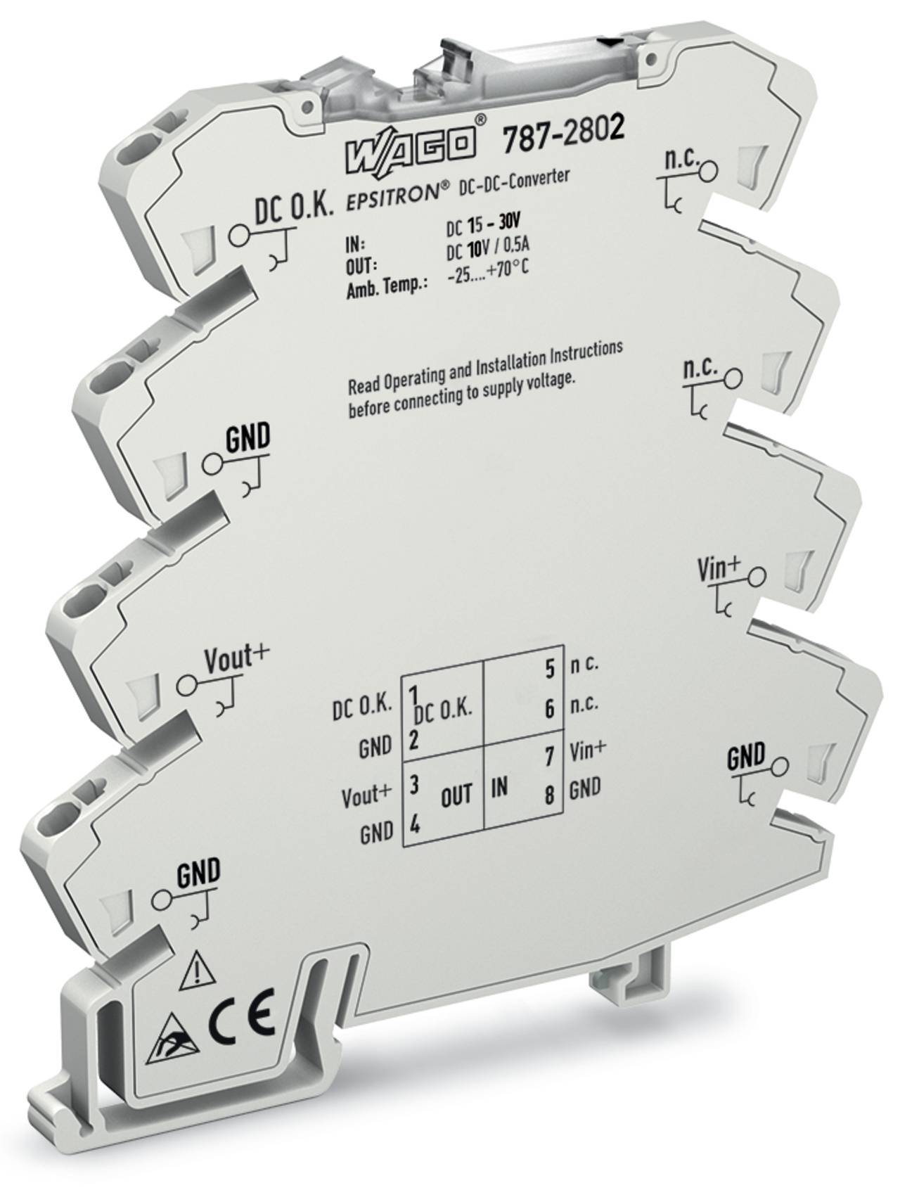 DC-DC-Wandler mit Eingangsspannungsbereich 15-30V und Ausgangsspannung 16V/0,5A. Modell 787-2802 von WAGO. Enthält Installationsanleitung.