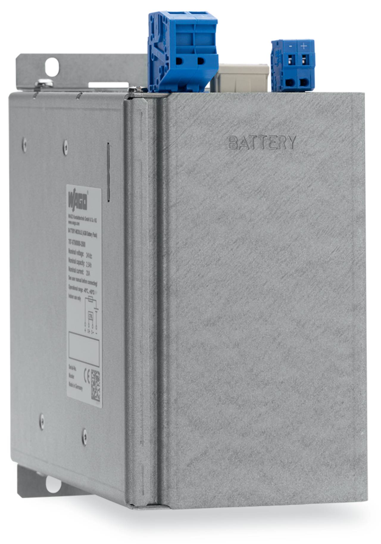 Rechteckiges Industrie-Batteriemodul mit metallischem Gehäuse, mit blauen Steckverbindern oben rechts. Vorne mit der Bezeichnung „BATTERY